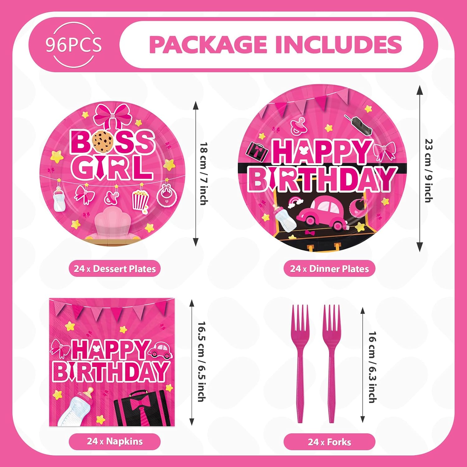 96 Pcs Boss Birthday Party Decorations Disposable Hot Pink Boss Theme Paper Plates and Napkins Cute Cartoon Tableware Set for Kids Girls Birthday Baby Shower Gender Reveal Party Supplies, Serves 24