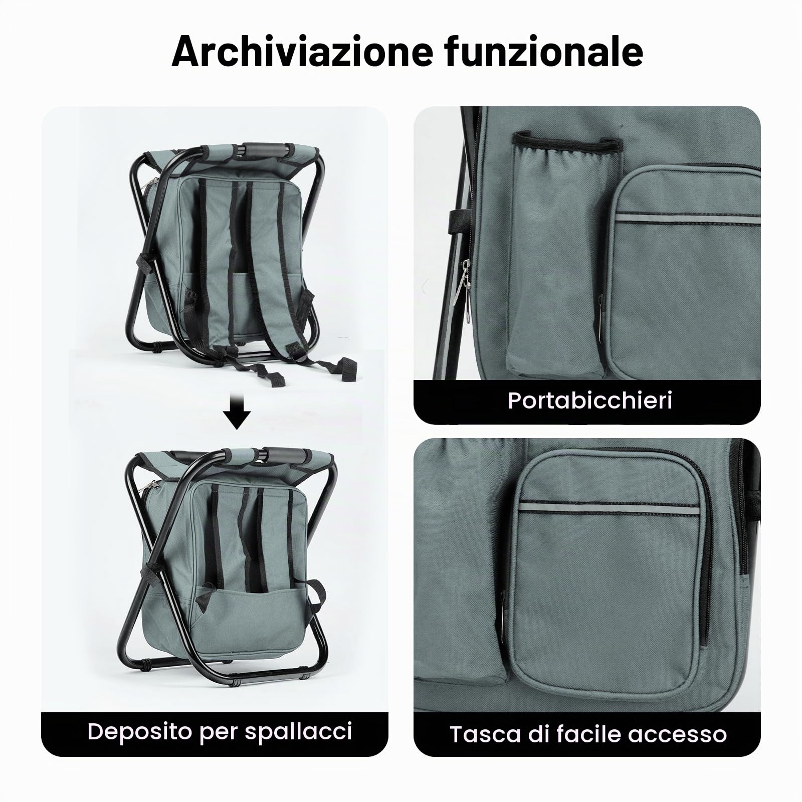 Grande Sgabello Caccia, Sedia Zaino con 15L Borsa Frigo, Zaino da Caccia con Sgabello Portatile, Sgabello Sgabelli Pieghevoli para Picnic Campeggio Viaggio, Altezza 40 cm, Grigio