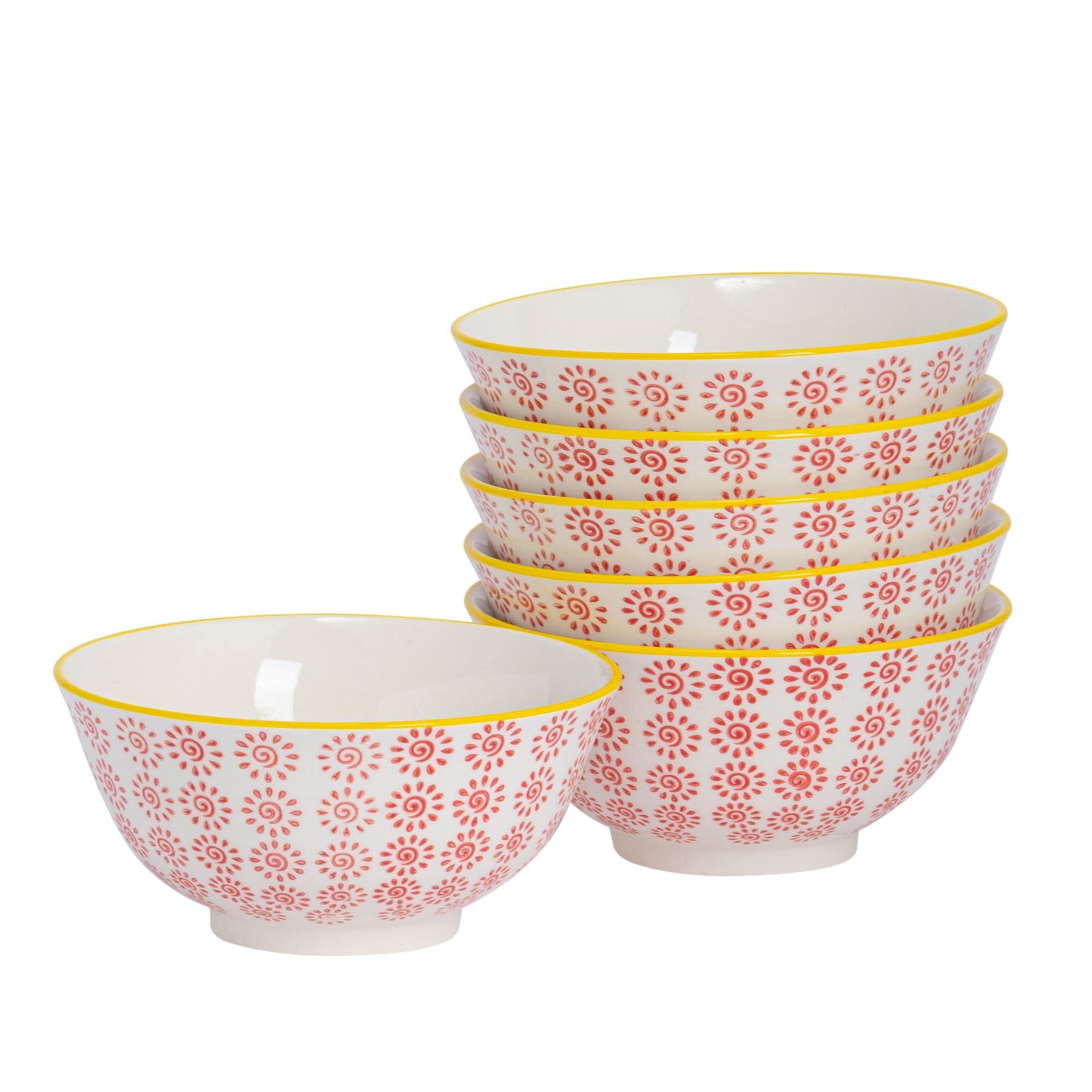 Rinkit.com Red 16Cm Hand Printed Stoneware Cereal Bowls - Pack Of Six