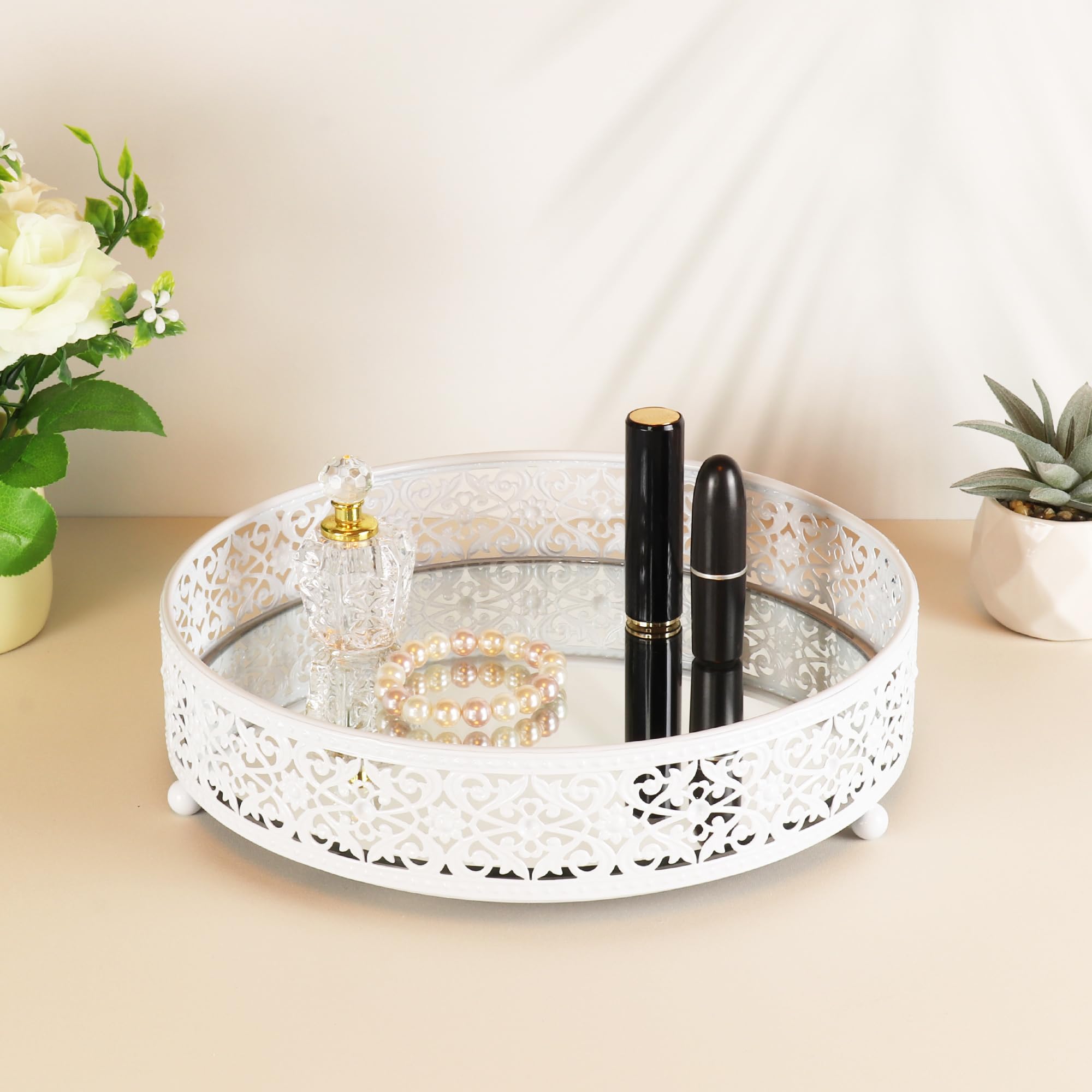 Vassoio circolare da scrivania con specchio da trucco per servire profumi, cosmetici, candele, gioielli, piano di lavoro del bagno (Y533 bianco, grande 25 cm L x 25 cm W x 6,30 cm H)