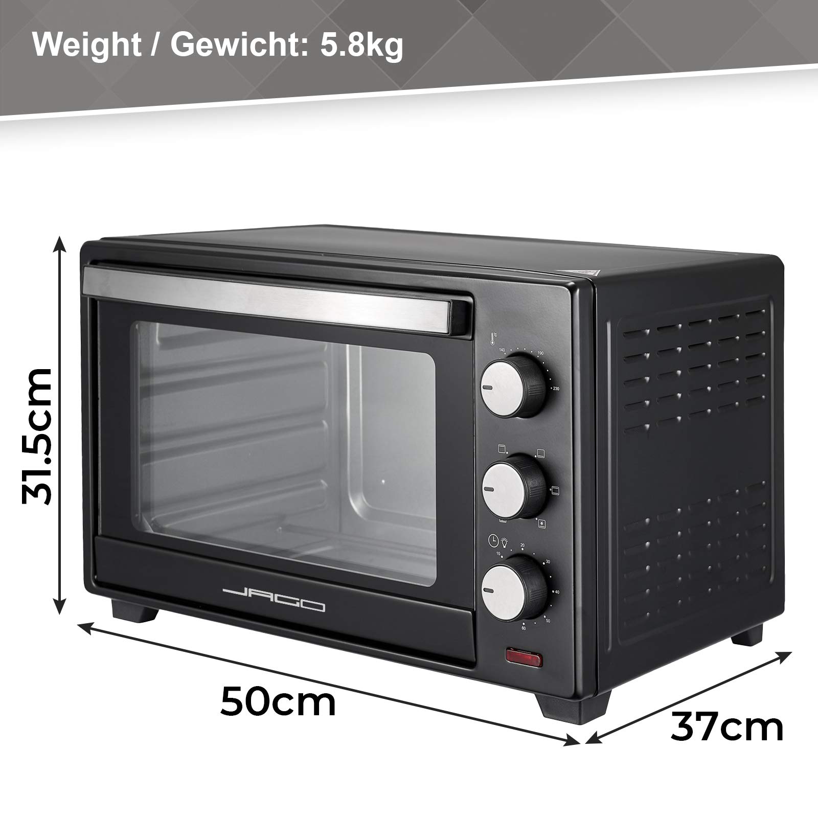 Jago® Mini Four Electrique - avec Convection, 30 Litres, 5 Modes, 100-230º, 1600W, Acier Inoxydable, Portable - Mini Foyer Chaleur Tournante, Cuisinière Posable