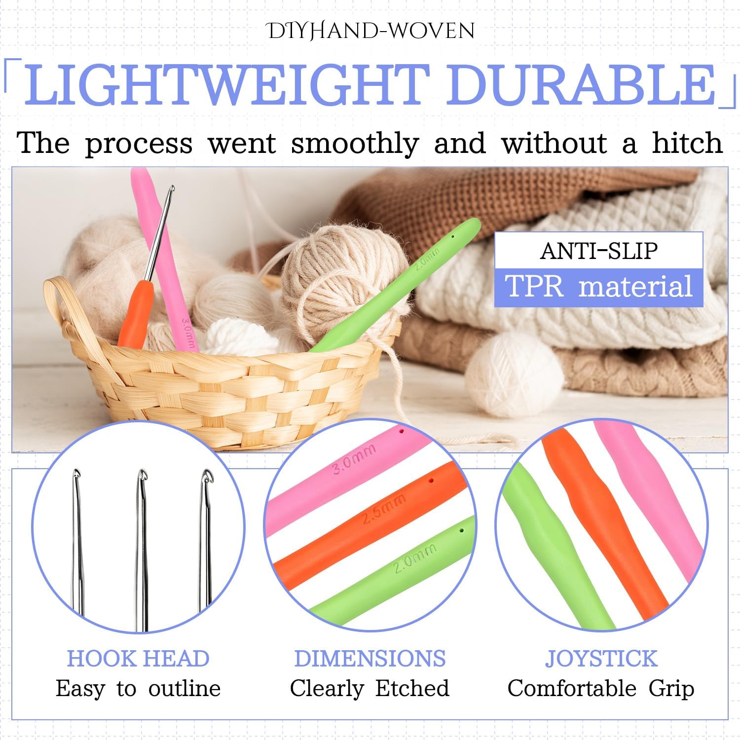 3 Pcs Crochet Hook Set, 2mm/2.5mm/3mm Aluminum Knitting Needles with Ergonomic Rubber Handle, Smooth Crochet Hooks for Yarn DIY Crafts Projects