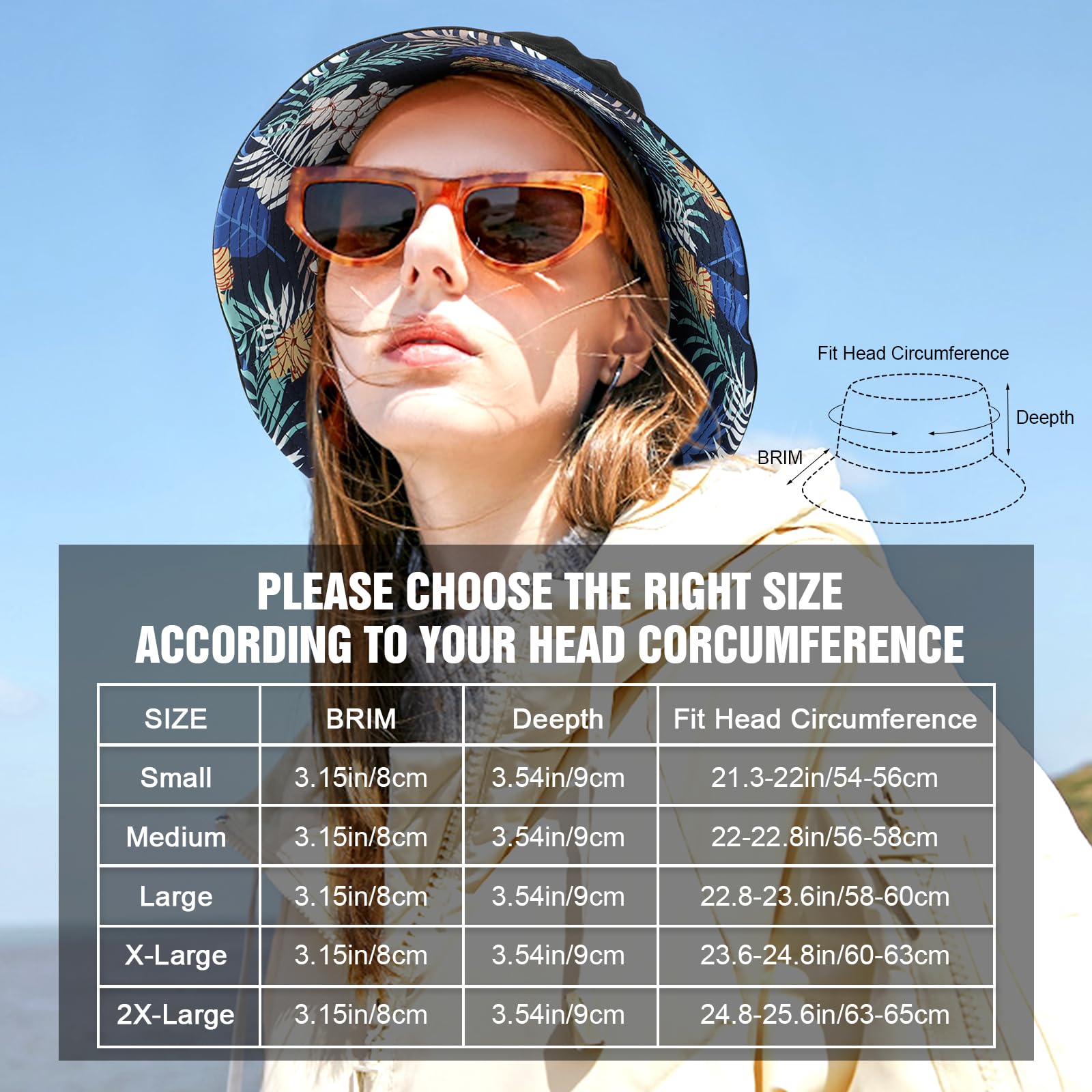 Sombrero de Pescador Reversible XXL Unisex, Moda Tamaño Grande ala Ancha Algodón Sombrero de Sol al Aire Libre, Plegable Gorra de Pesca Bucket Hat Playa al Aire Libre Viaje Hombres Mujeres 54-65