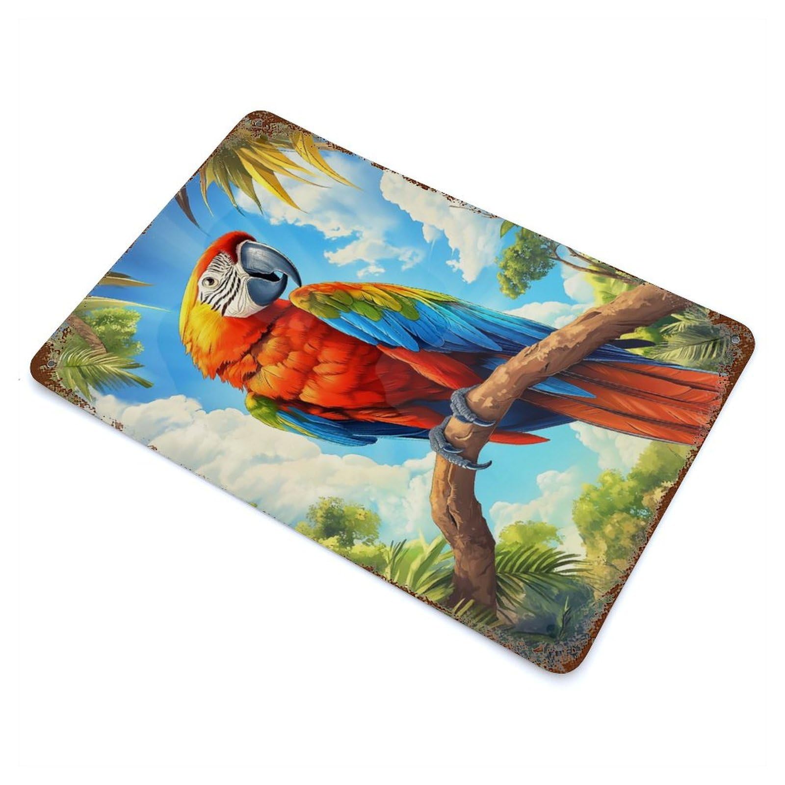 Vintage Metal Tin Sign with Scarlet Macaw on Branch Design 11.8"x7.9", for Living Room, Hallway And Home Decor, Retro Wall Decor