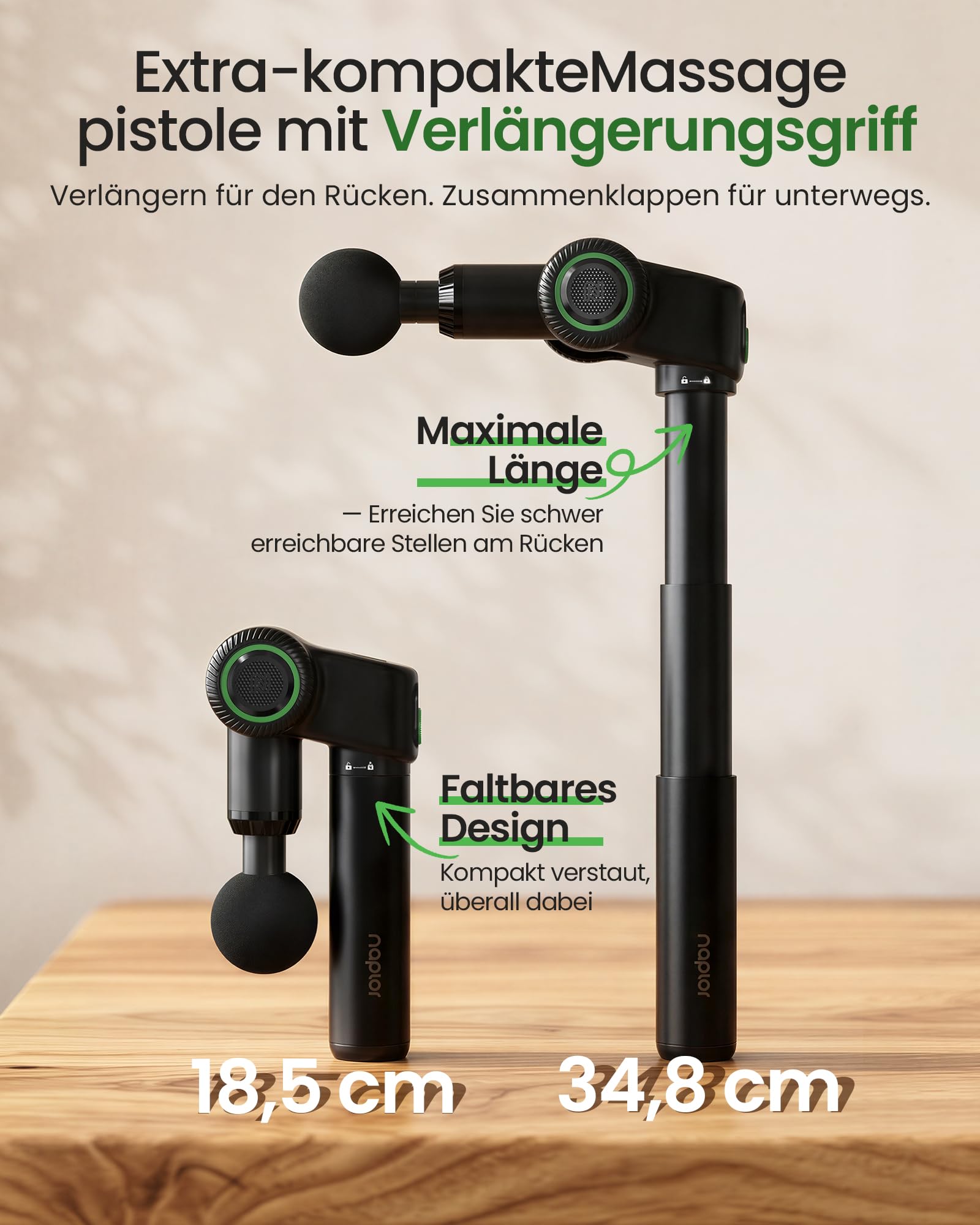 Faltbare Massagepistole mit Verlängerungsgriff für Rücken | Massagegerät mit 5 Einstellbaren Winkeln, Massage Gun 10 mm, 2800 U/min, 5 Geschwindigkeiten, 5 Aufsätzen, Tragetasche