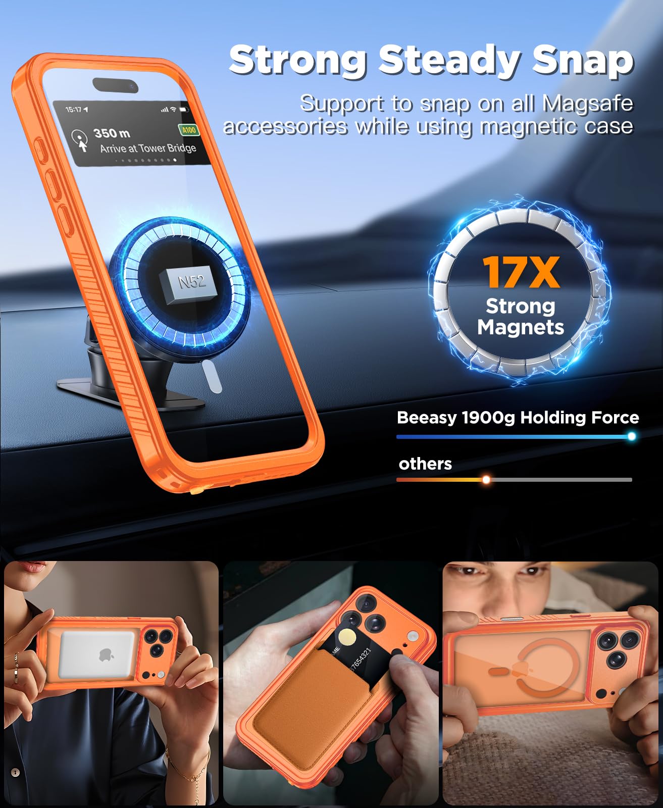 Beeasy Cover per iPhone 17 Pro Impermeabile IP68 con MagSafe, 360 Militare Antiurto Indistruttibile Resistente Doppia Protezione Custodia, Antipolvere Subacquea Waterproof Case, 6.3", Arancione