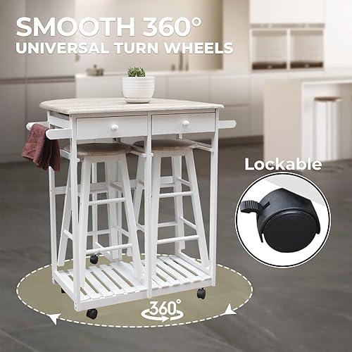 Miniatura 3 de 3 mesas móviles de hojas colgantes para espacios pequeños, carrito de cocina pequeño con 2 taburetes, mesa de comedor plegable con sillas, carrito