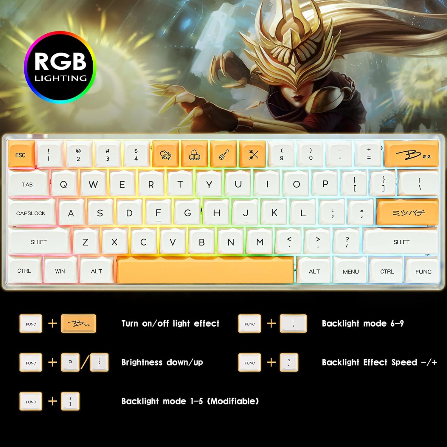 Fogruaden Tastiera meccanica da gioco al 60%, 61 tasti, retroilluminazione RGB, tastiera compatta con cavo al 60%, per PC Win/Mac, facile da trasportare in viaggio (GK61-Honeymilk-Red)
