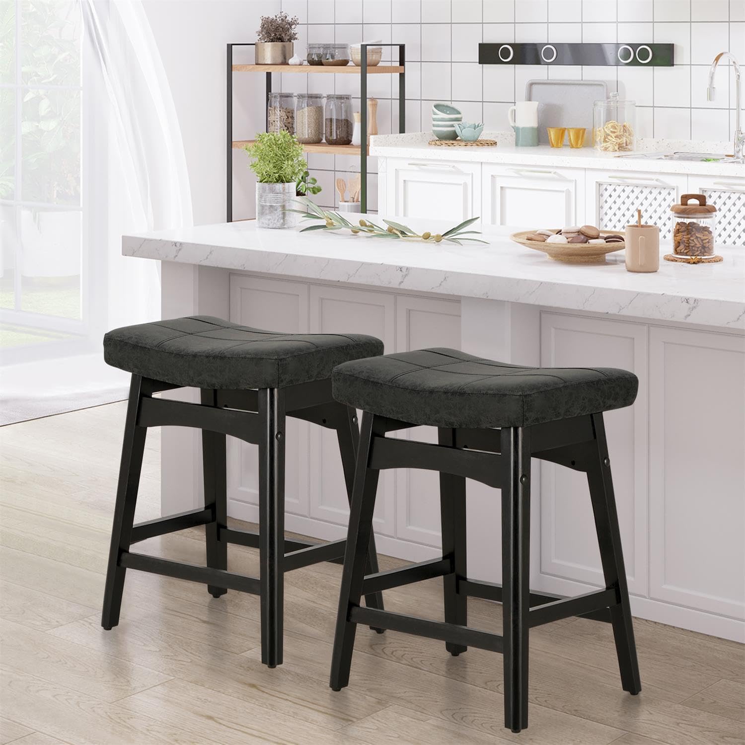 Sophia & William Gray Bar Stools Set of 3, Counter Height Modern Bar Stools with Linen Fabric Seat & Solid Wood Legs, 24 inch Bar Chairs