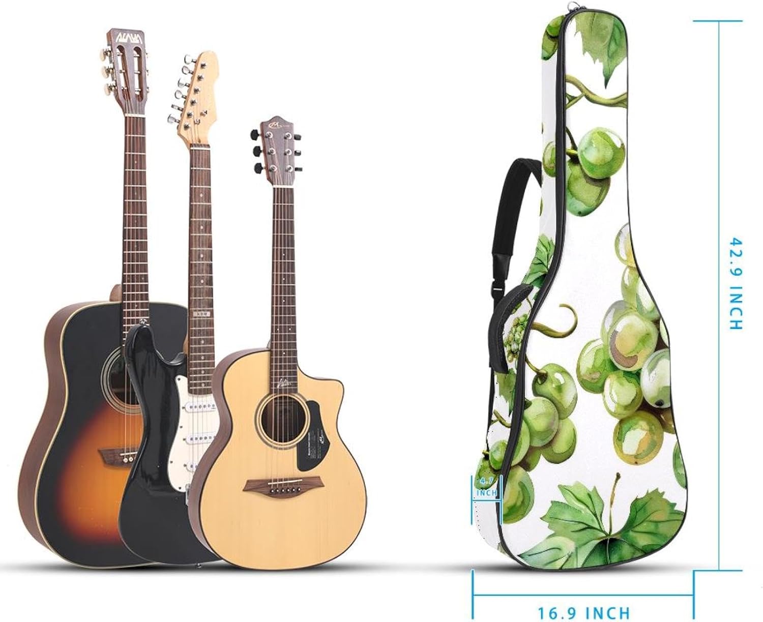 Acoustic Guitar Gig Bag 10mm Thick Padding, Soft Waterproof Guitar Case with Adjustable Backpack Straps for 40-42 Inch Guitar, Watercolor Green Grapes Grape Bones and Leaves