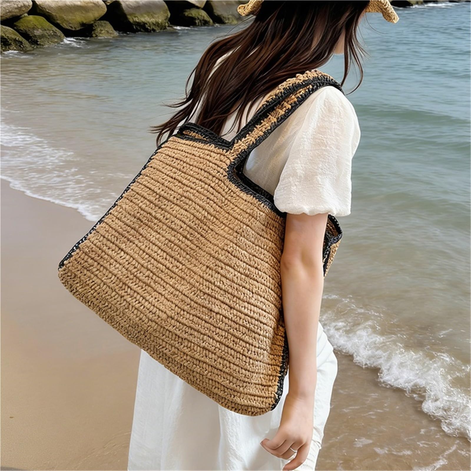 borsa donna estiva Borse da spiaggia for donna a mano in paglia Borsa a tracolla di grande capacità con manico superiore