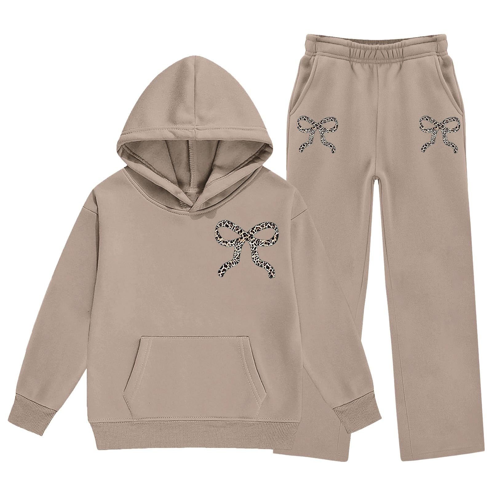 Leoparden Jogginganzug Mädchen Zweiteiler Schleife Trainingsanzug Kinder 2-teiliges Lockere Sportanzug Teenager Kapuze Sweatshirt Weites Bein Jogginghose Set Leicht Bekleidungssets Sport Freizeitanzug