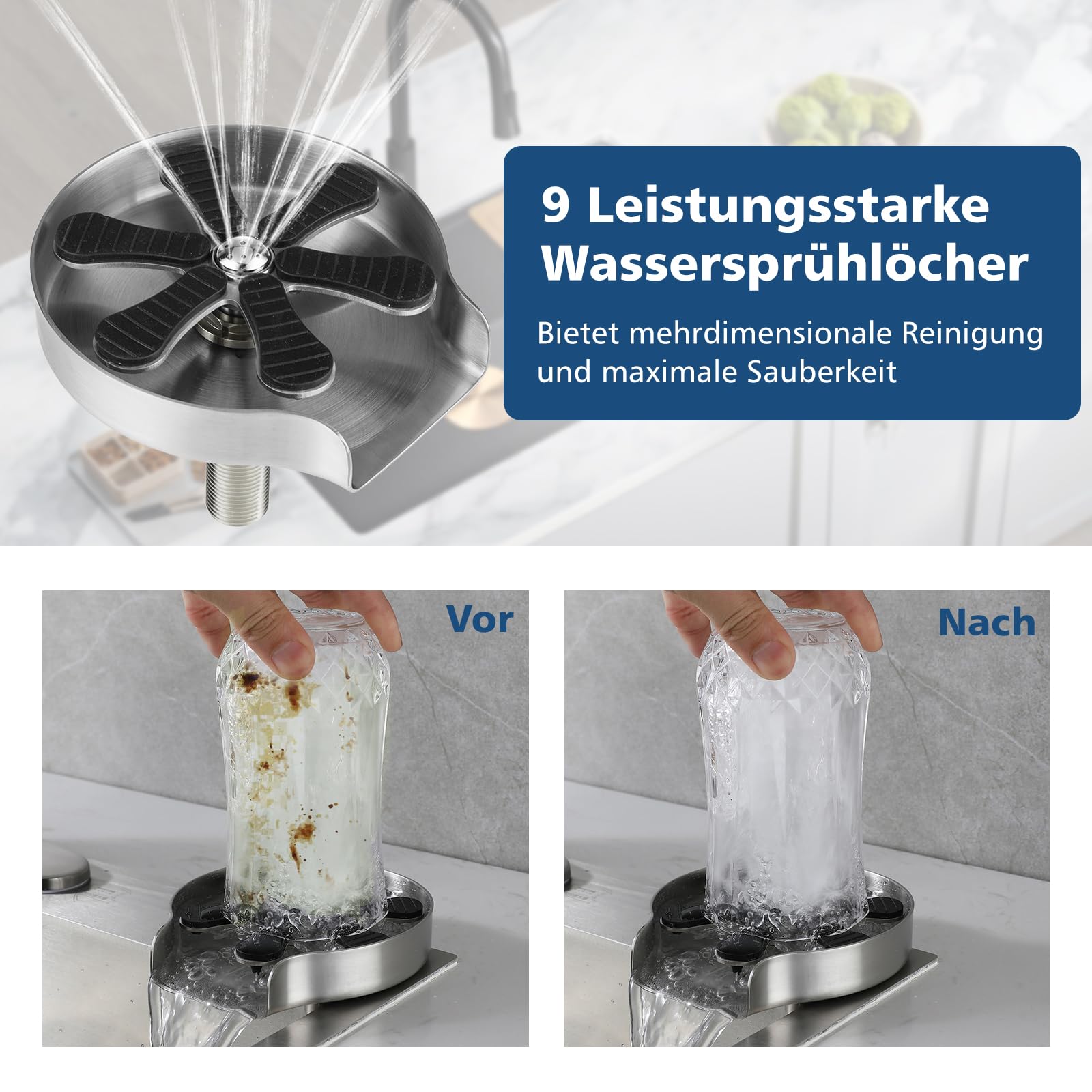 Lavavajillas de acero inoxidable, lavaplatos de cristal Dyna-Living automático, lavaplatos de cristal, lavaplatos de tazas, lavadoras de botellas, enjuagador de vidrio integrado para fregadero de