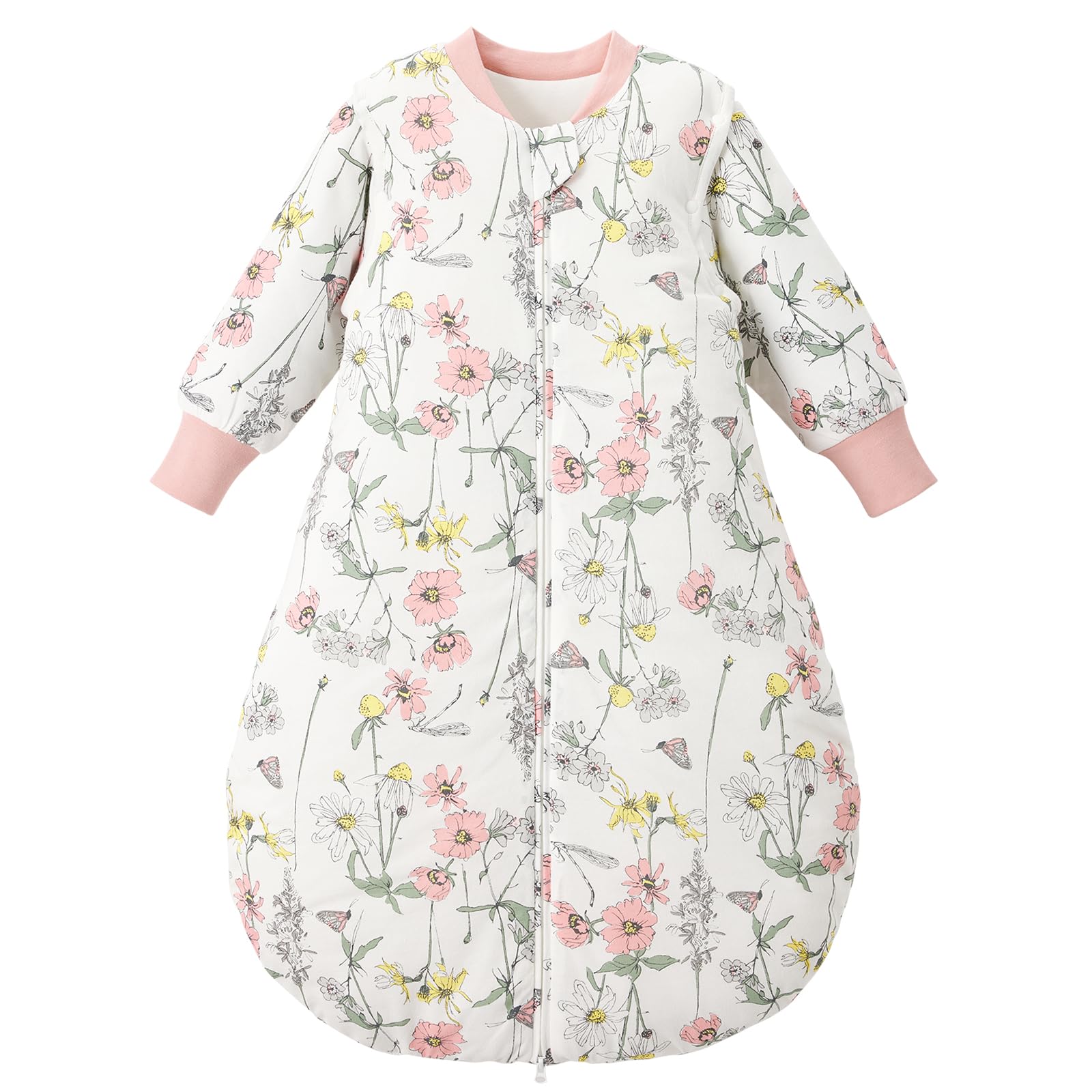 Duomiaomiao Baby Schlafsack 2,5 Tog Winter Schlafsack mit Abnehmbare Ärmel Winterschlafsack Baumwolle Baby Warm und Weich für Mädchen Jungen（mit Ärmeln Blumen/100CM）
