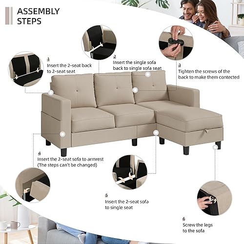 Miniatura 11 de Shintenchi - Sofá modular convertible, sofá en forma de L de tela de lino moderno, 3 asientos con otomana reversible para espacios pequeños, color