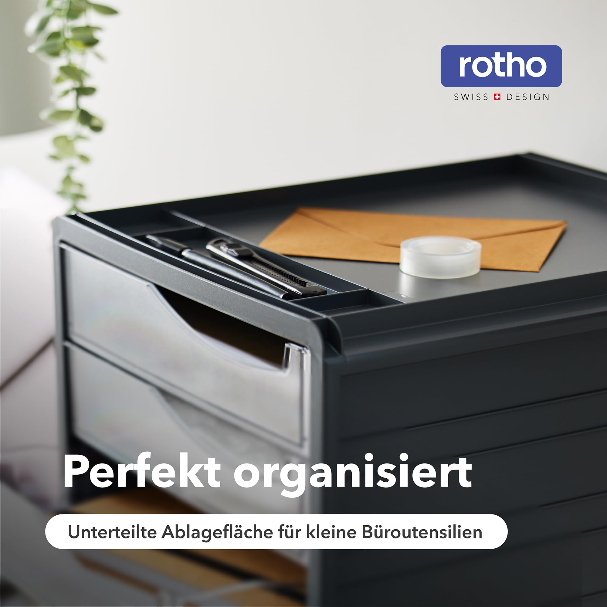 Rotho Spacemaker Schubladenbox / Bürobox mit 5 Schüben, Kunststoff (PS) BPA-frei, transparent/anthrazit, (33.5 x 28.5 x 32.0 cm)
