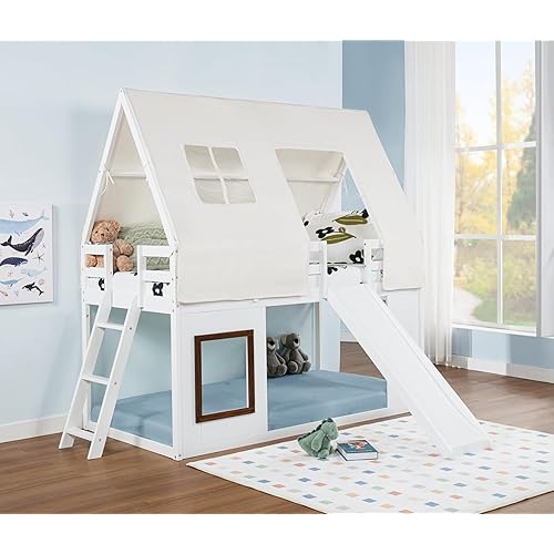 Spirich Kids Bunk Bed with Slide and Ladder, House Bed for Kids with Bed Tent, Playhouse Style Wooden Twin Loft Bed Frames with Roof, Windows, White
