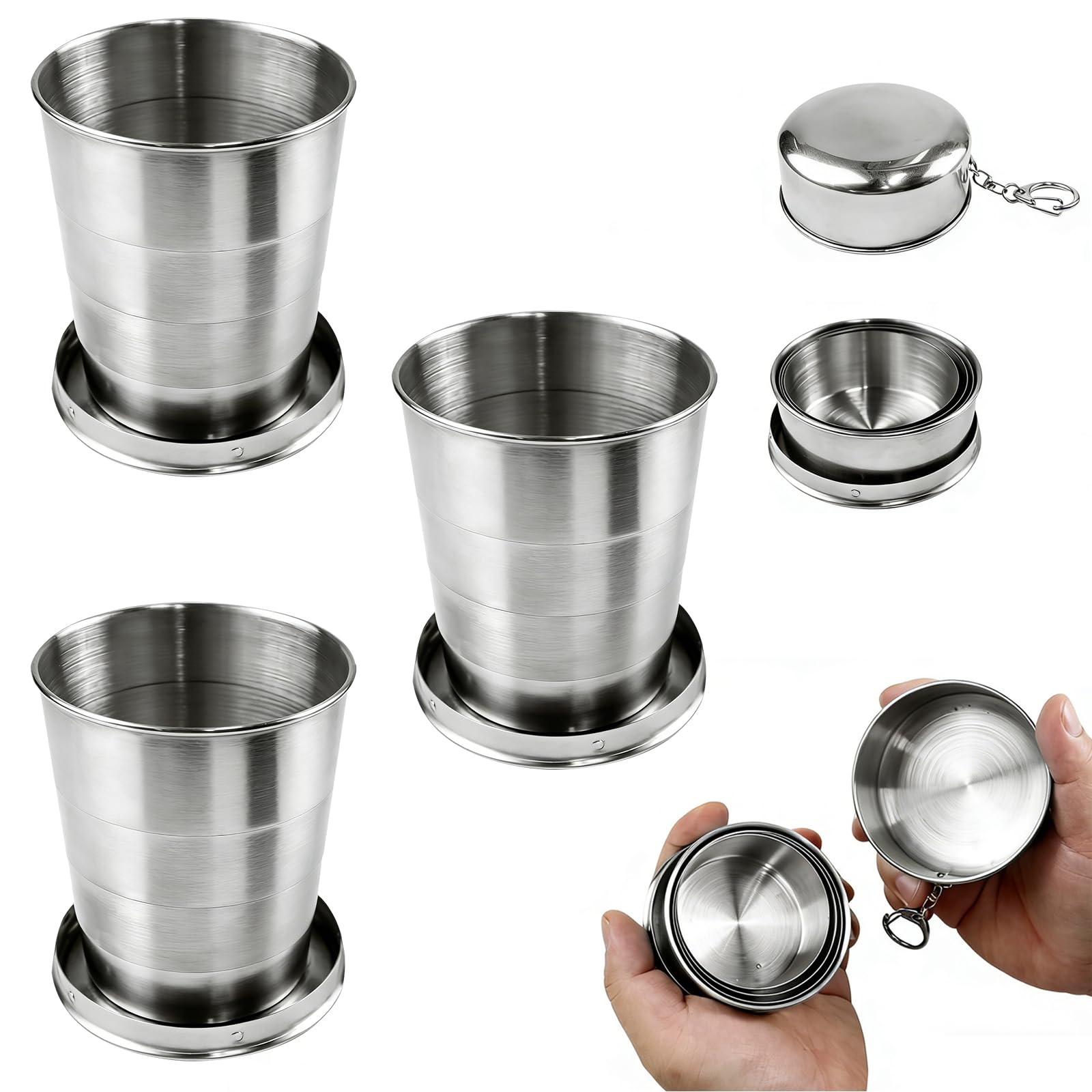 3 bicchieri pieghevoli in acciaio inox 304 con portachiavi da 250 ml, per sport all'aria aperta, campeggio, escursionismo, arrampicata, pesca, picnic e viaggi