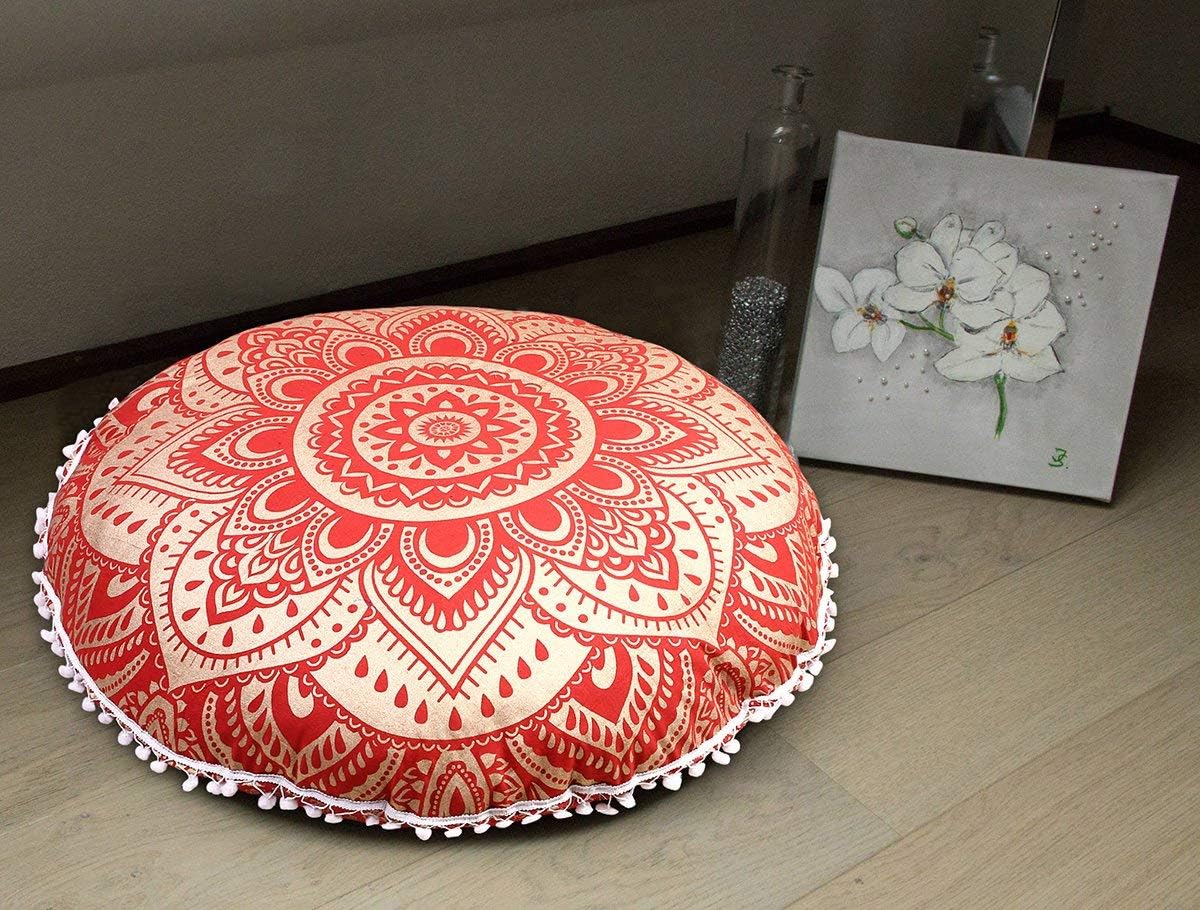 Golden Ombre Mandala Floor Cushions, Decorative Throw Pillowcases 32", Indian Pouf, Boho Ottoman, Pom Pom Outdoor Cushion, Pillow Shams, Pet Dog Cat Bed with Filler Insert