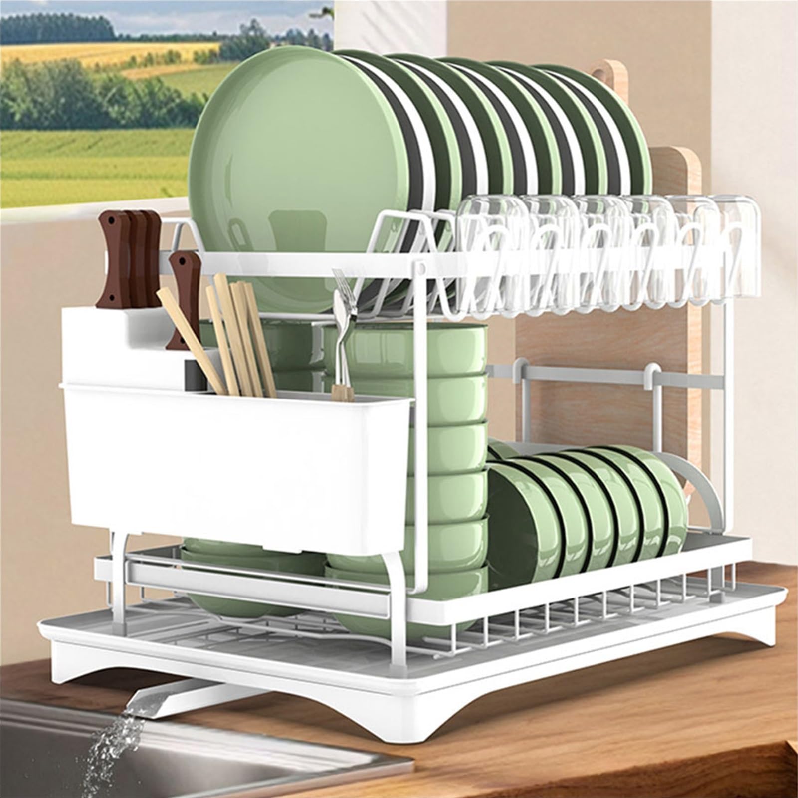 MESCXTY 2-Tier Dish Drying Rack with Drainboard - Kitchen Counter Drainers, Space-Saving White & Black Organizer for Efficient and Styli(White)