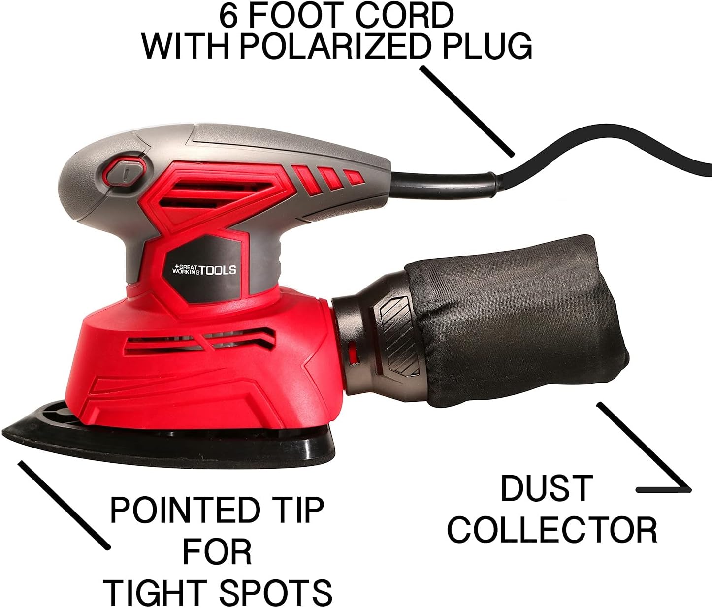 Great Working Tools Detail Palm Sander Hand Sander with Dust Bag & Sandpaper, 1.1 Amp 14,000 OPM, 87 Sanding Pads