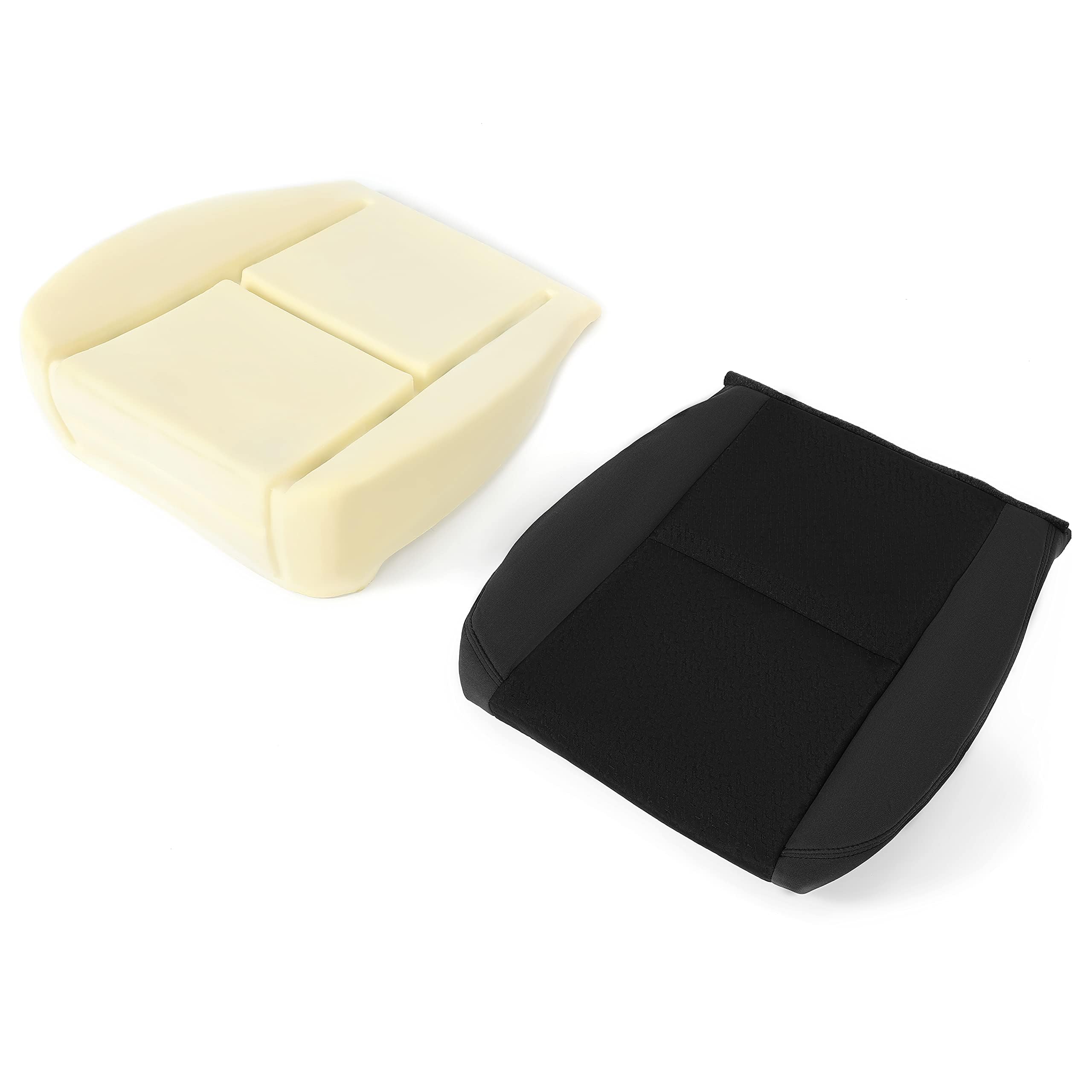 KUAFU Front Driver Side Bottom Seat Cover & Seat Foam Cushion Compatible with 2007-2014 Chevrolet Silverado 1500 2500HD 3500HD LT LS LTZ Z71 Hybrid Work Truck Base Black Bottom Cloth Beige Foam