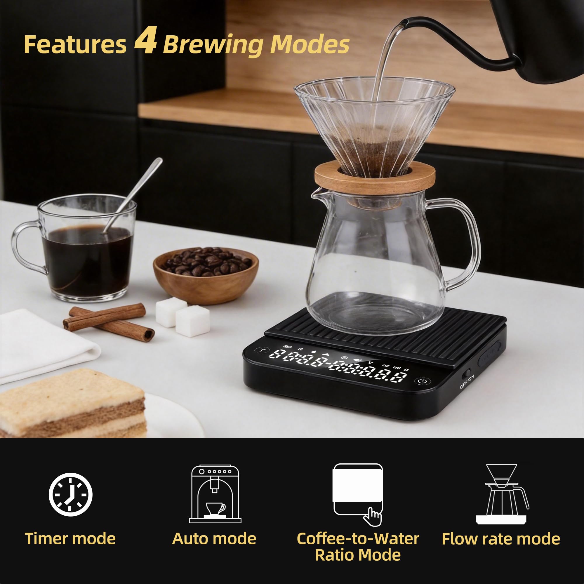 ShanSon Mini báscula de café con temporizador, báscula de espresso de alta precisión de 0,1 g, báscula digital de cocina de 2 kg/0,1 g con caudal, recargable por USB-C, superficie impermeable