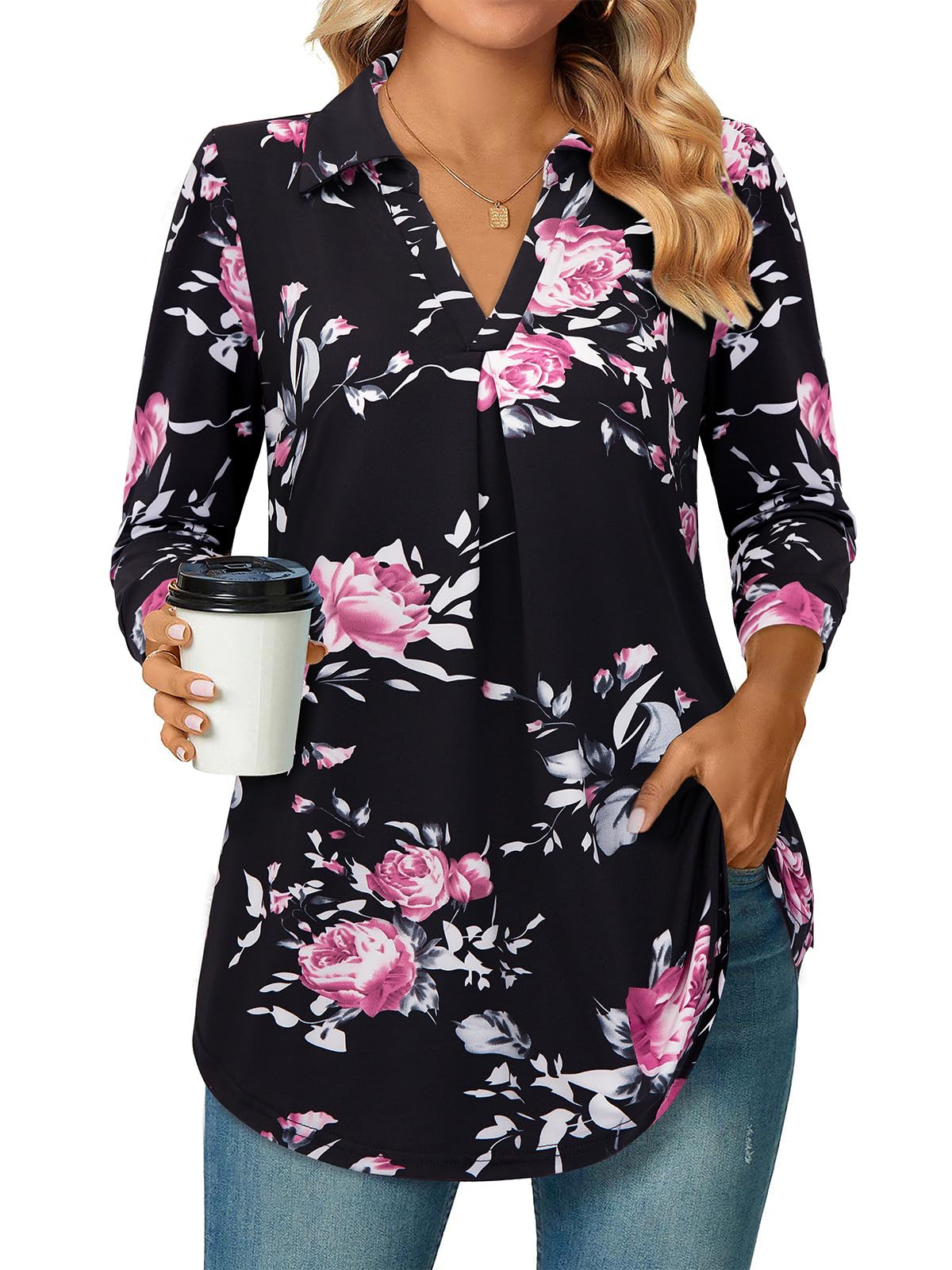 Siddhe Damen V-Ausschnitt Bluse 3/4 Ärmel Oberteile Tunika Tops Locker Longshirt Lässige T-Shirt Langarm Hemd