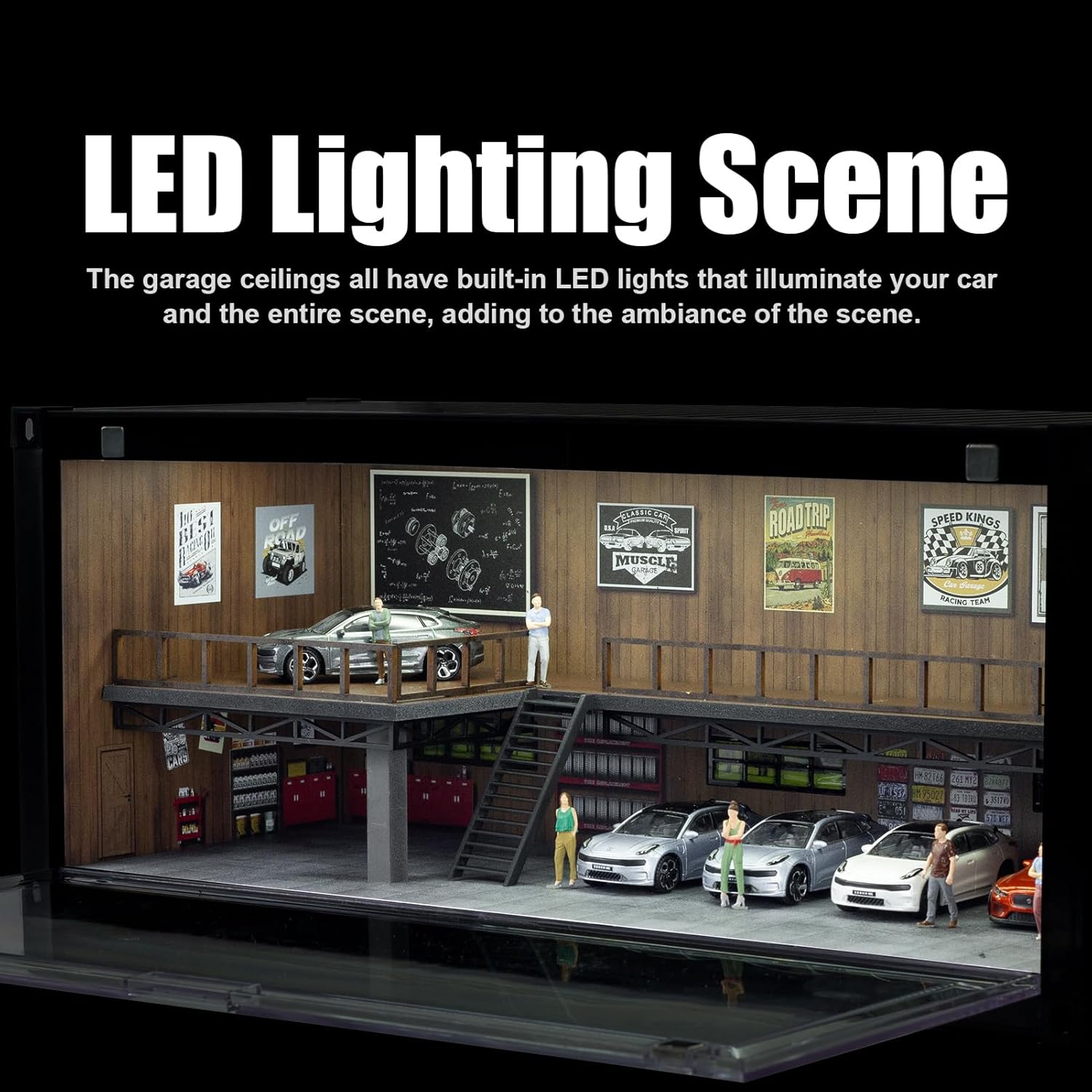 1/64 Scale Retro Container Style Display Case Car Garage Moldel with LED Light and Acrylic Cover Diecast Car Show Case 5 Parking Black
