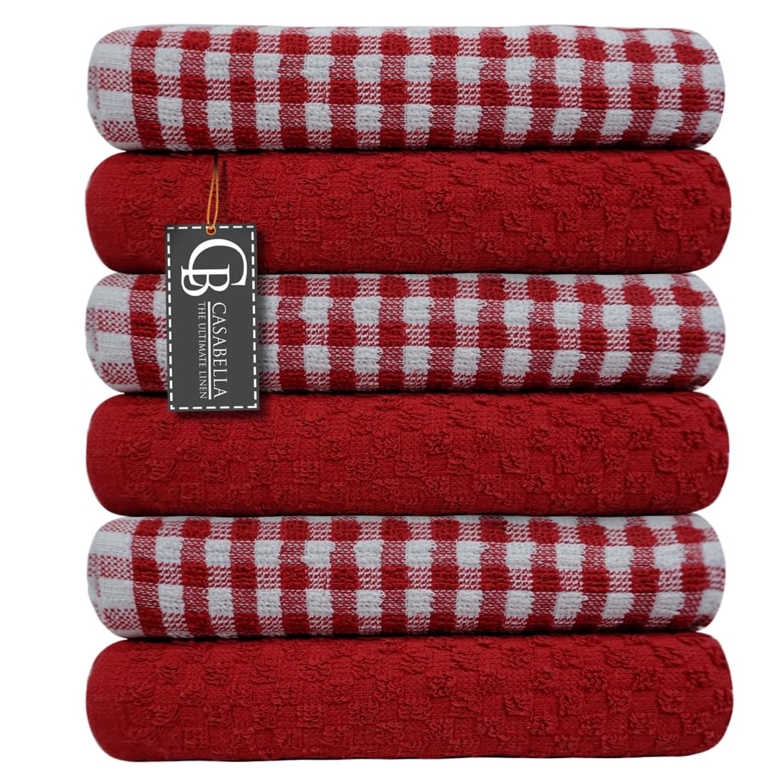 Casabella Pack Of 6 Terry Towelling Cotton Kitchen Tea Towels. Soft, Highly Absorbent Dish Towels & Bar Towels Unbeatable Price (6 Pieces Set, Red)