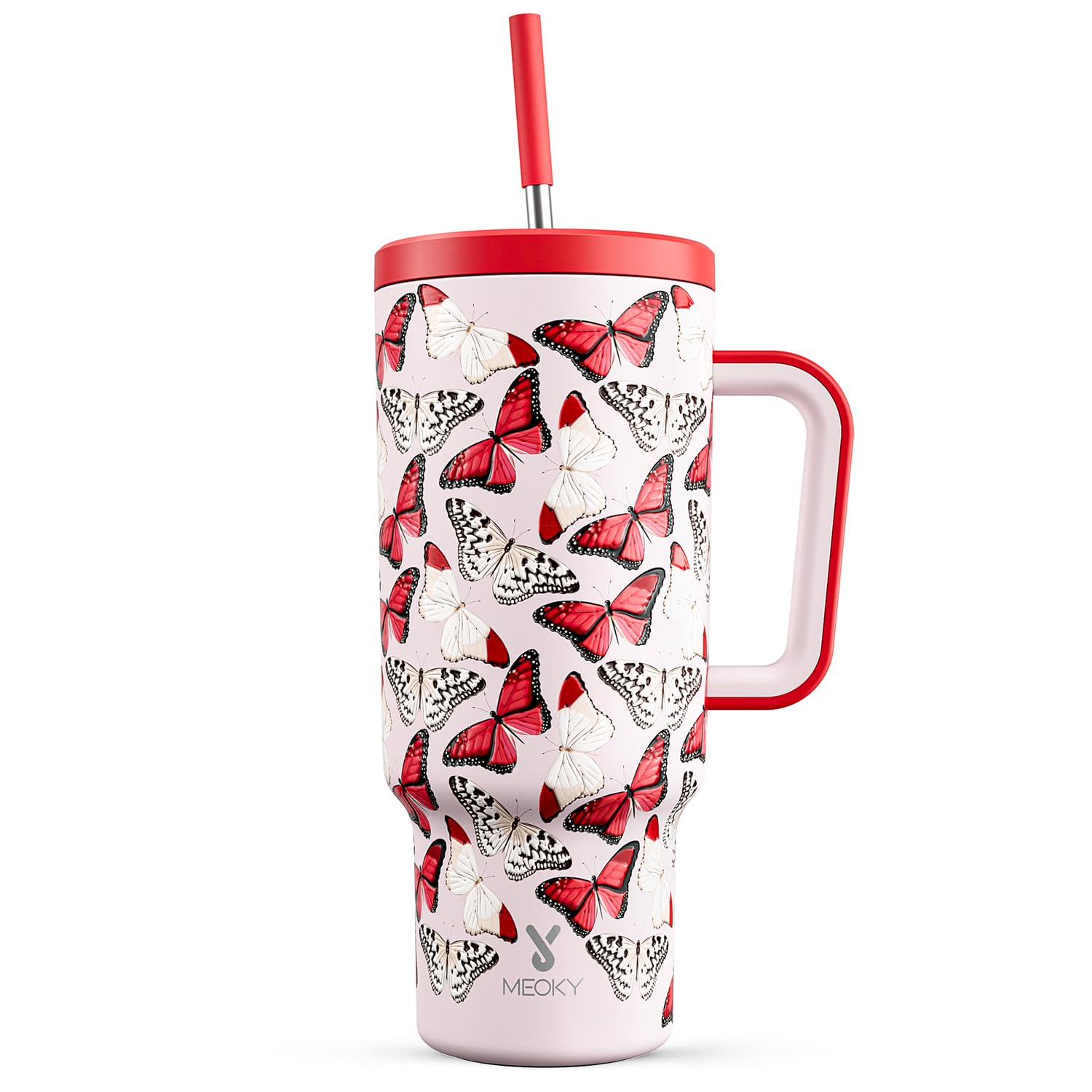 Meoky 40 oz Tumbler with Handle and Straw: Stainless Steel Insulated Tumbler with Lid and Straw - 100% Leak Proof Tumbler for Car Cup Holders - Travelers Commuters Workers, Red Butterfly — image 1