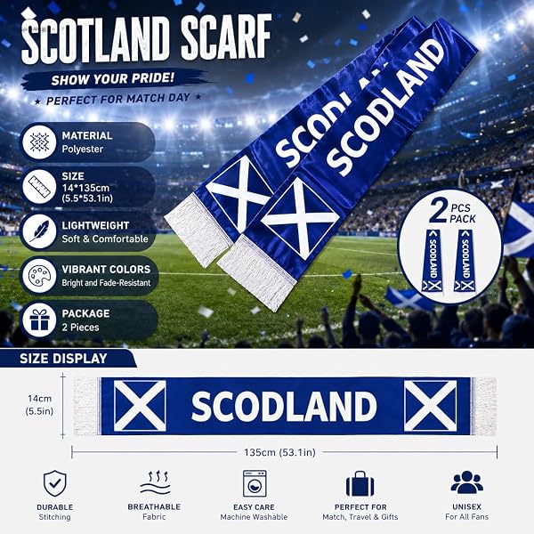 YESAH 2 Pack Scotland Football Fan Scarf for World Cup 2026,14x135cm,Polyester,Support Scarves for Soccer Games,Football Fans Souvenir Scarf for Sports Events,Team Cheering Supplies - 2