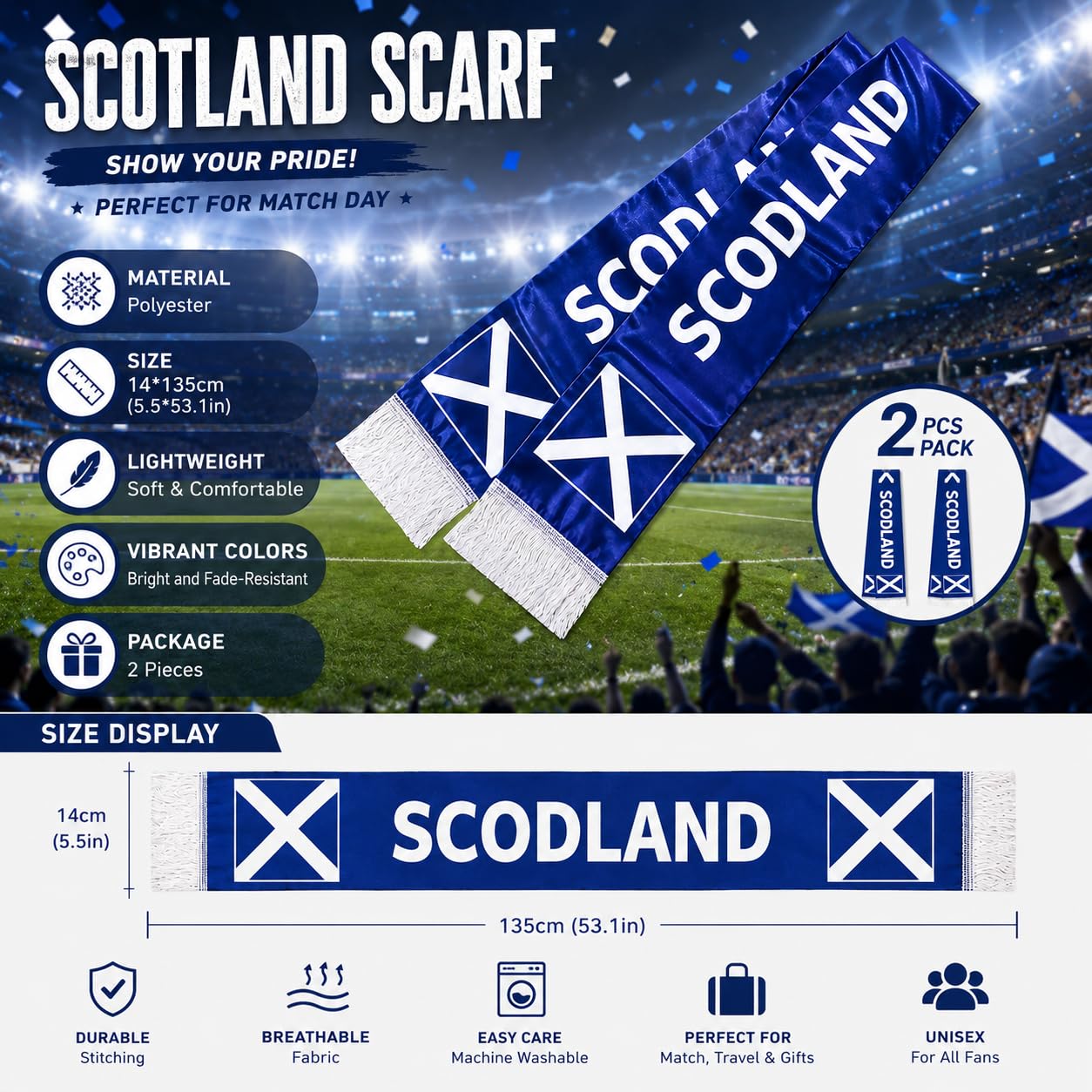 YESAH 2 Pack Scotland Football Fan Scarf for World Cup 2026,14x135cm,Polyester,Support Scarves for Soccer Games,Football Fans Souvenir Scarf for Sports Events,Team Cheering Supplies - 2
