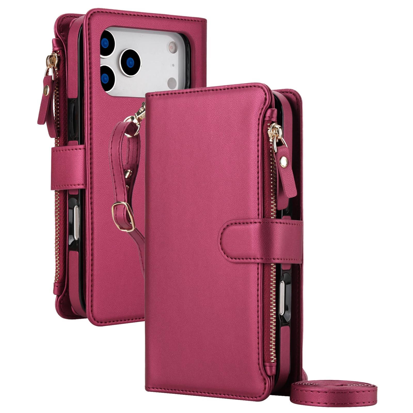 Mfaoshi Red Magnetic Case For Iphone 17 Pro Max/17 Pro/17 Air/17, Detachable High-Capacity Zipper Wallet Cover With Kickstand Function Leather Case,,17 Promax