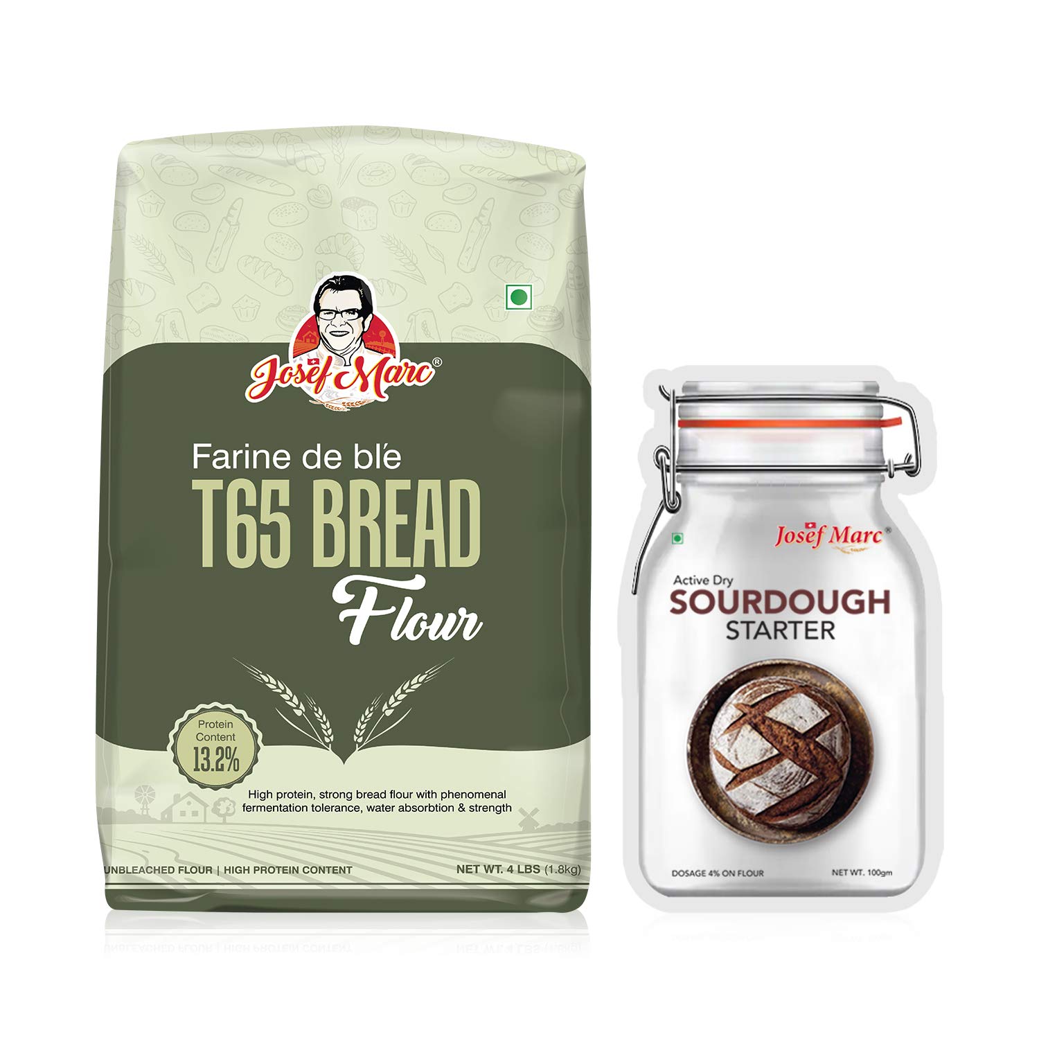 JOSEF MARC T65 Bread Flour, 4LBS (1.8kg) with Active Dry Sourdough Starter, 100gm