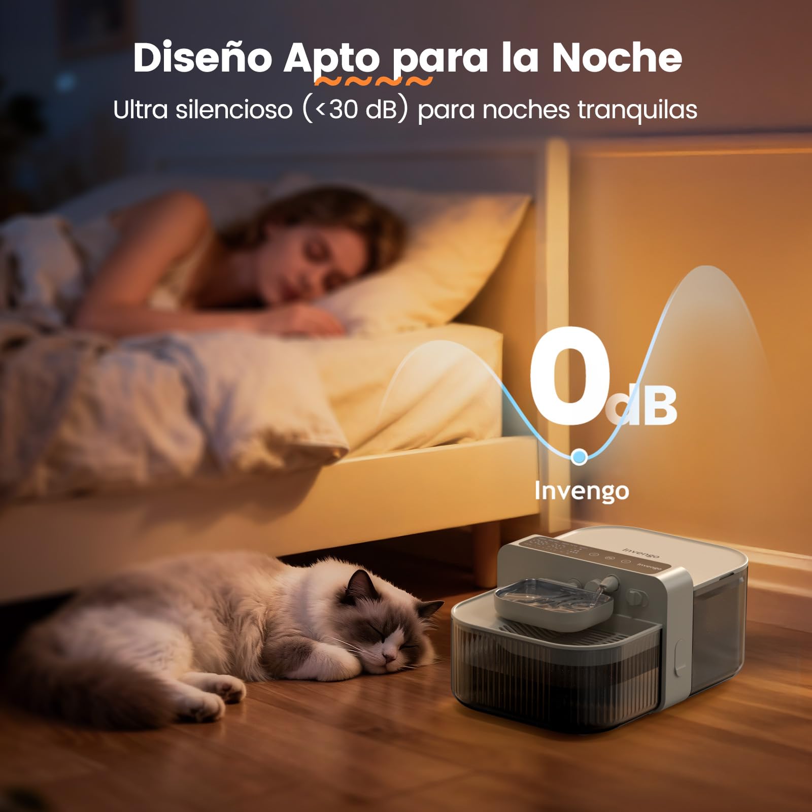 Invengo Fuente para Gatos Sin Cable y Sin Filtro - Batería 3000mAh 180 Días, Separación del Agua Limpia y del Agua Usada, Cuenco de Acero Inoxidable, Bebedero Gatos Sin Cable, 3,5L, Blanco Hueso