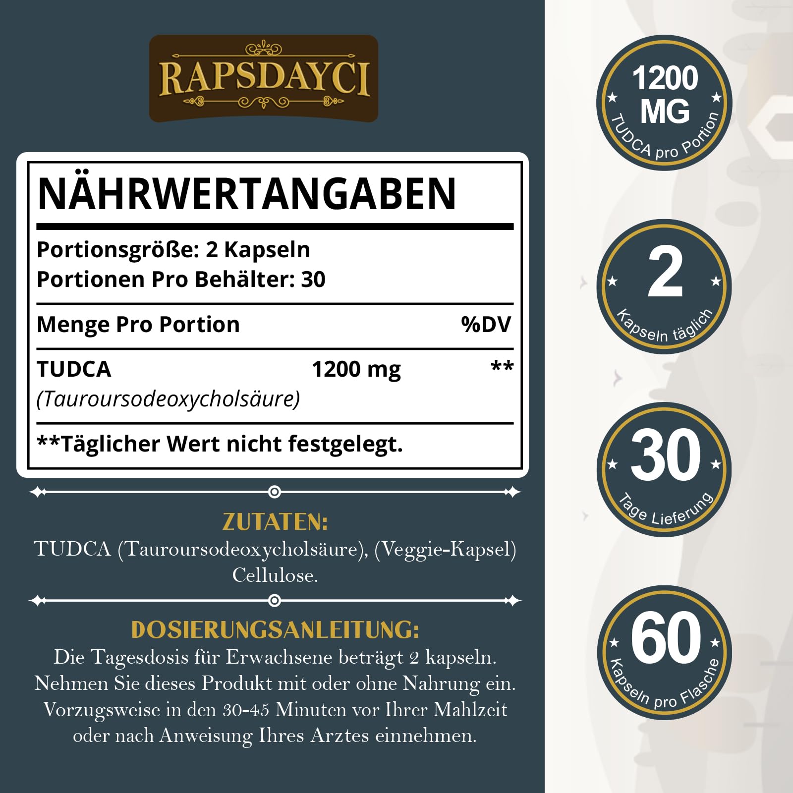 TUDCA de alta dosis (1200 mg por porción), 240 cápsulas – sales biliares de ácido tauroursodesoxicólico, suplemento alimenticio para el hígado | sin OMG, sin gluten