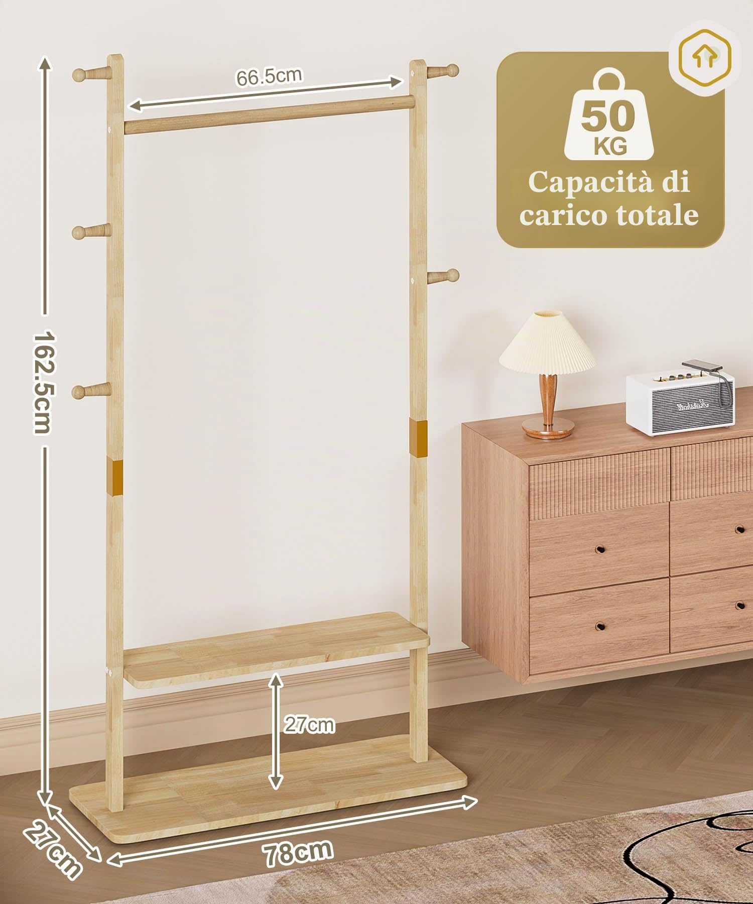 Yorbay Stand Appendiabiti Legno Guardaroba: Indipendente 2 Ripiani 5 Ganci | 1 Asta Appendiabiti per Vestiti Cappelli Giacche Borse - per Camera da Letto Soggiorno Corridoio