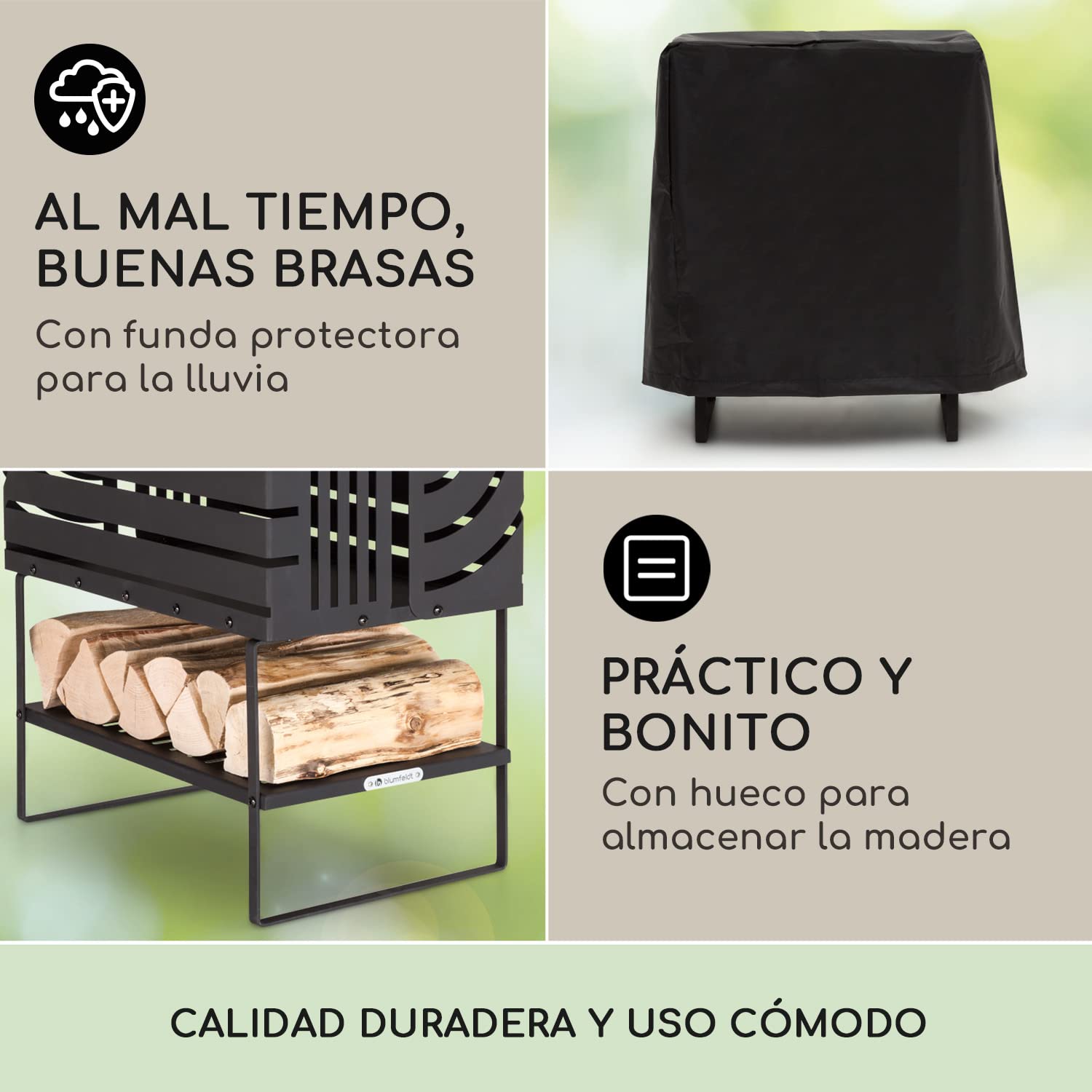 Blumfeldt Brasero Exterior, Estufas de Leña para Jardín Portátil con Stand, Estufa Exterior para Usarla en Jardín, Terraza, Patio y BBQ, Quemador de Leña de Acero Camping Muy Resistente