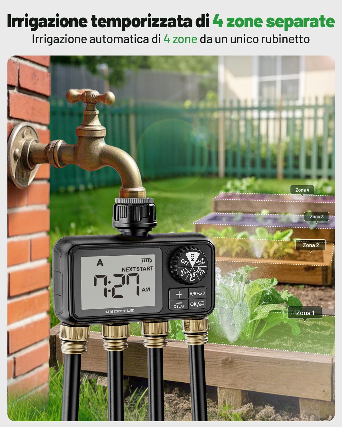 Unistyle Computer per irrigazione a 4 uscite, con timer automatico per l’irrigazione, ingresso in ottone integrato, per giardino, prati (versione in lingua italiana non garantita)