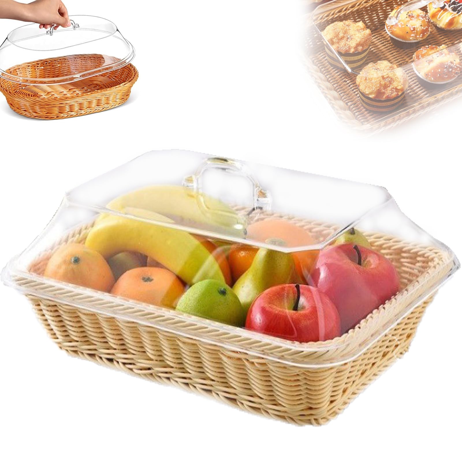 Wicker Basket with Acrylic Lid - Wicker Storage Basket with Lid,Woven Basket with Lid,Food Baskets for Serving,Rattan Basket with Lid,Vegetable Basket,Wicker Bread Basket for Kitchen (Beige-02)