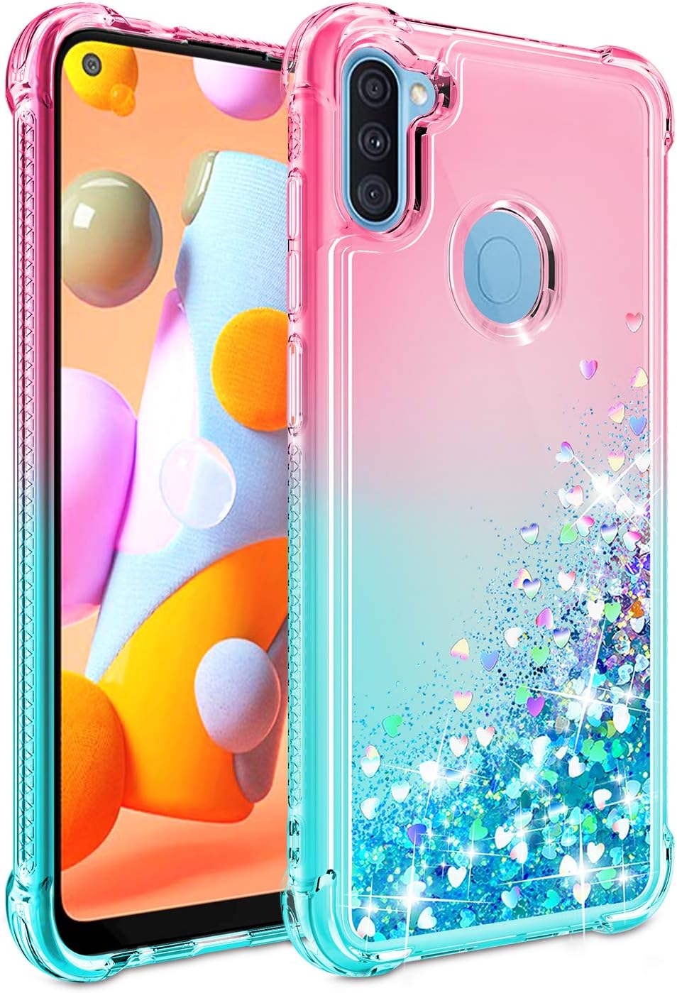 Gritup Galaxy A11 Case, Samsung A11 Phone Case with HD Screen Protector for Girls Women, Cute Clear Gradient Glitter Liquid TPU Slim Phone Case for Samsung Galaxy A11 Pink/Teal