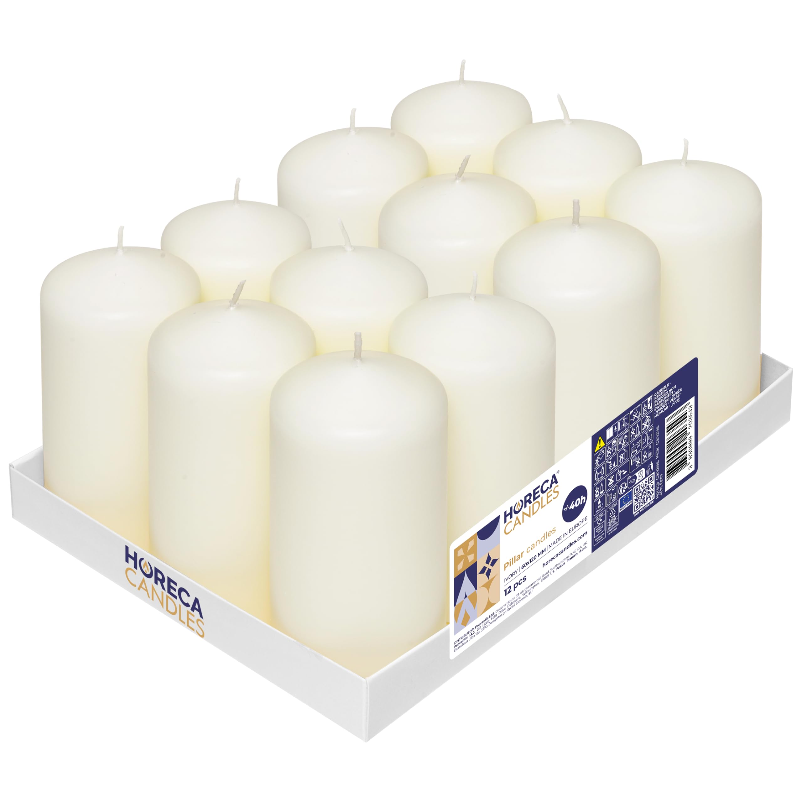 Horeca Candles - Velas de Pilar Marfil - Ø 6 x 12 cm - Juego de 12 Velones Decorativos - 40 Horas de Larga Duración - Sin Olor, Goteo ni Humo - Calidad RAL