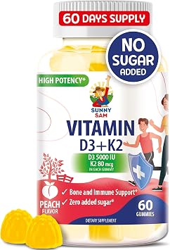 SUNNY SAM Sugar-Free Vitamin D3 K2 Gummies 5000 IU - Immune & Bone Support - Vitamin D Gummy Supplement for Adults - High-Absorption, Vegan, Halal, Gluten-Free Chewable Vitamins - 60 Count