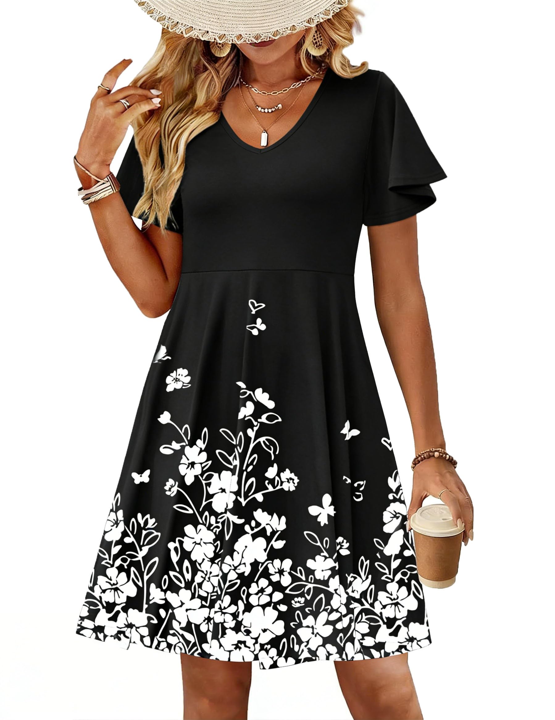 Zeagoo Womens Summer Dress Casual Swing Sundresses Floral Ruffle Short Sleeve Wedding Guest Dress Beach Mini Dress 2026