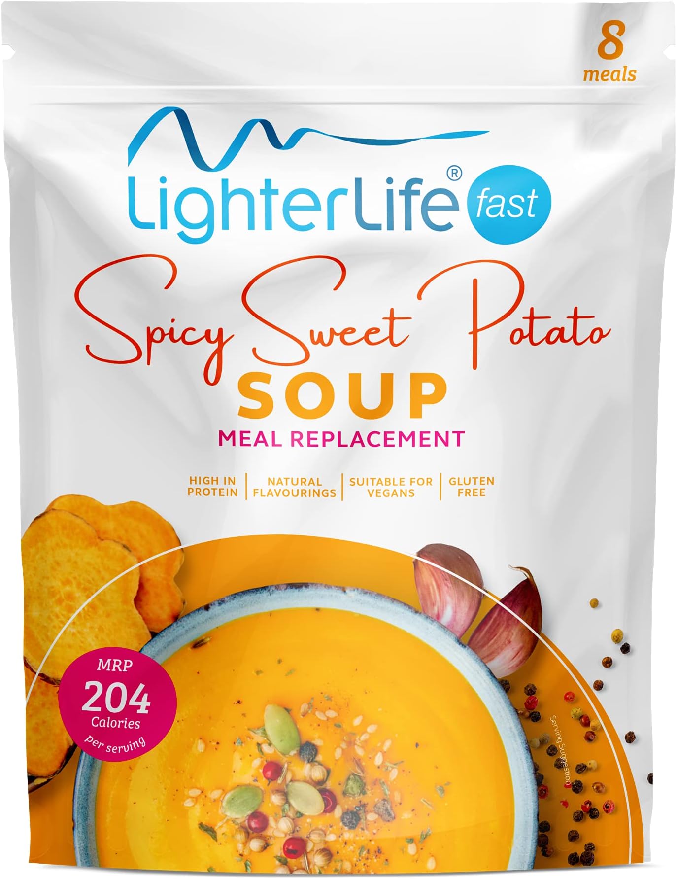 Lighter Life Vegan Spicy Sweet Potato Soup, High in Protein, Meal replacment Soup, 8 Servings per Pack