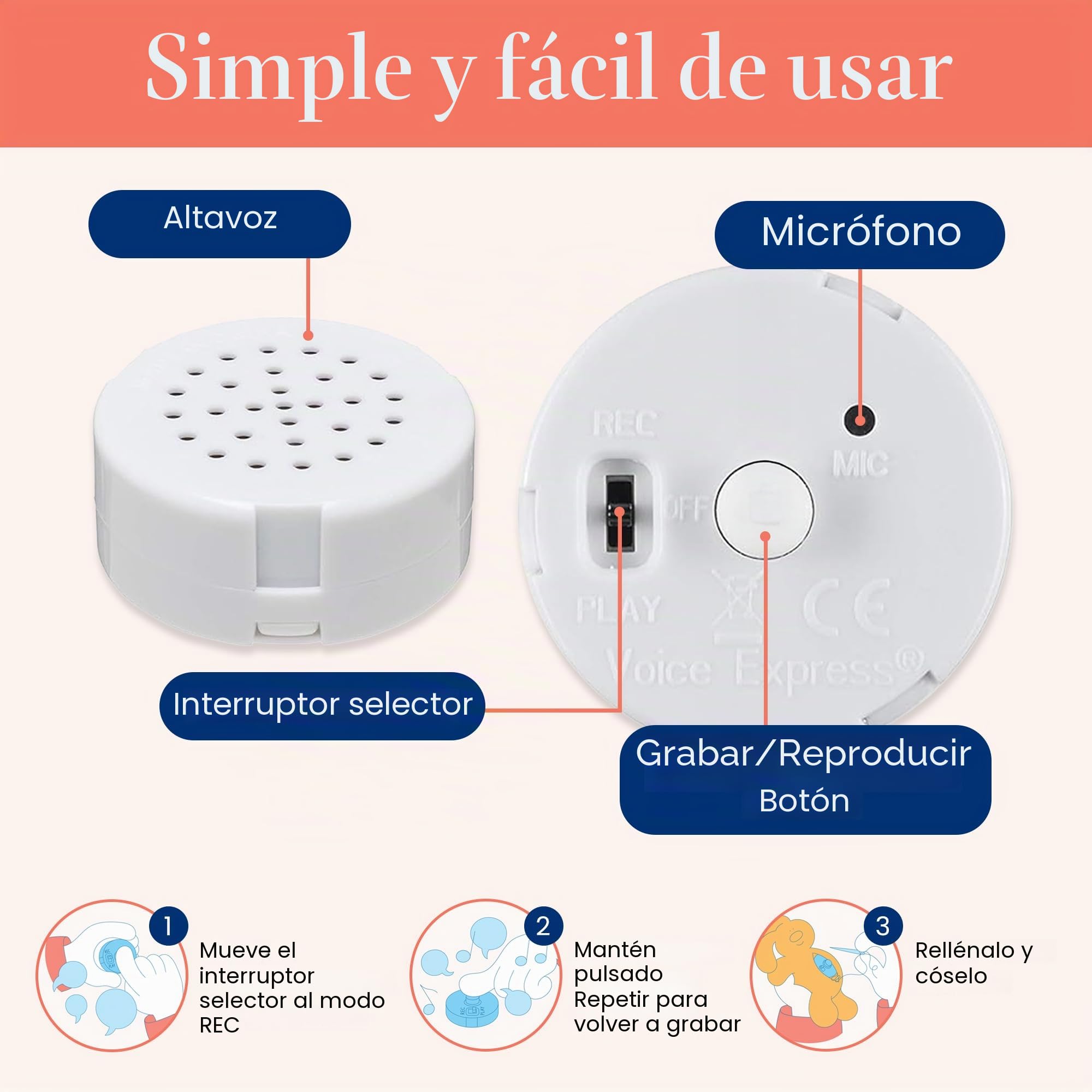 VoiceGift Grabadora de Voz multimensaje de 60 Segundos, graba Mensajes Personalizados para Peluche, Osito de Peluche, muñeca y Almohada, Paquete de 2 (edición estándar)