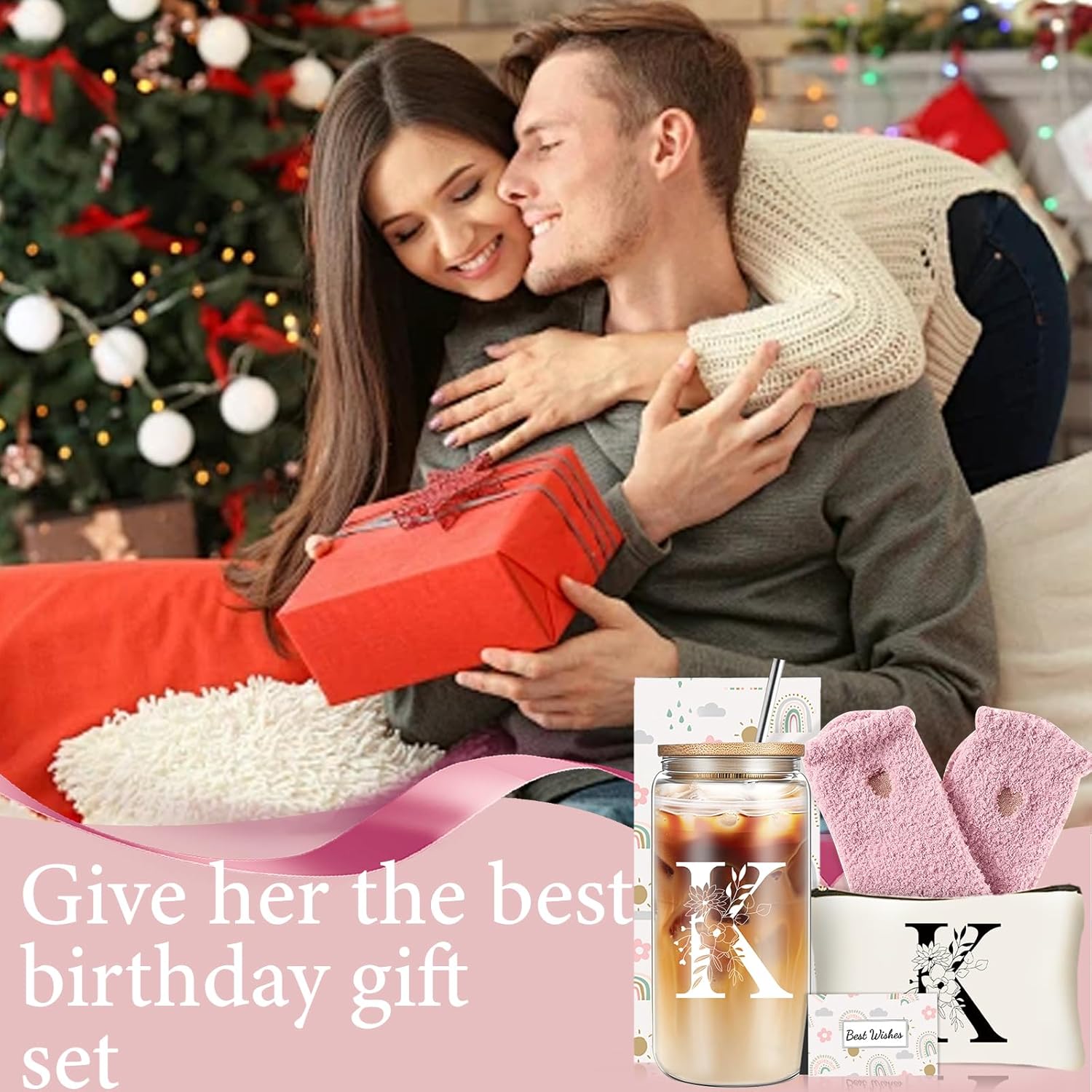 Unique Initial Glass Cup with Lids and Straws, Monogrammed Gifts Box Included Makeup Bag, Valentines Day Mothers Day Birthday Gifts for Women Mom Sister Grandma, K - Image 6