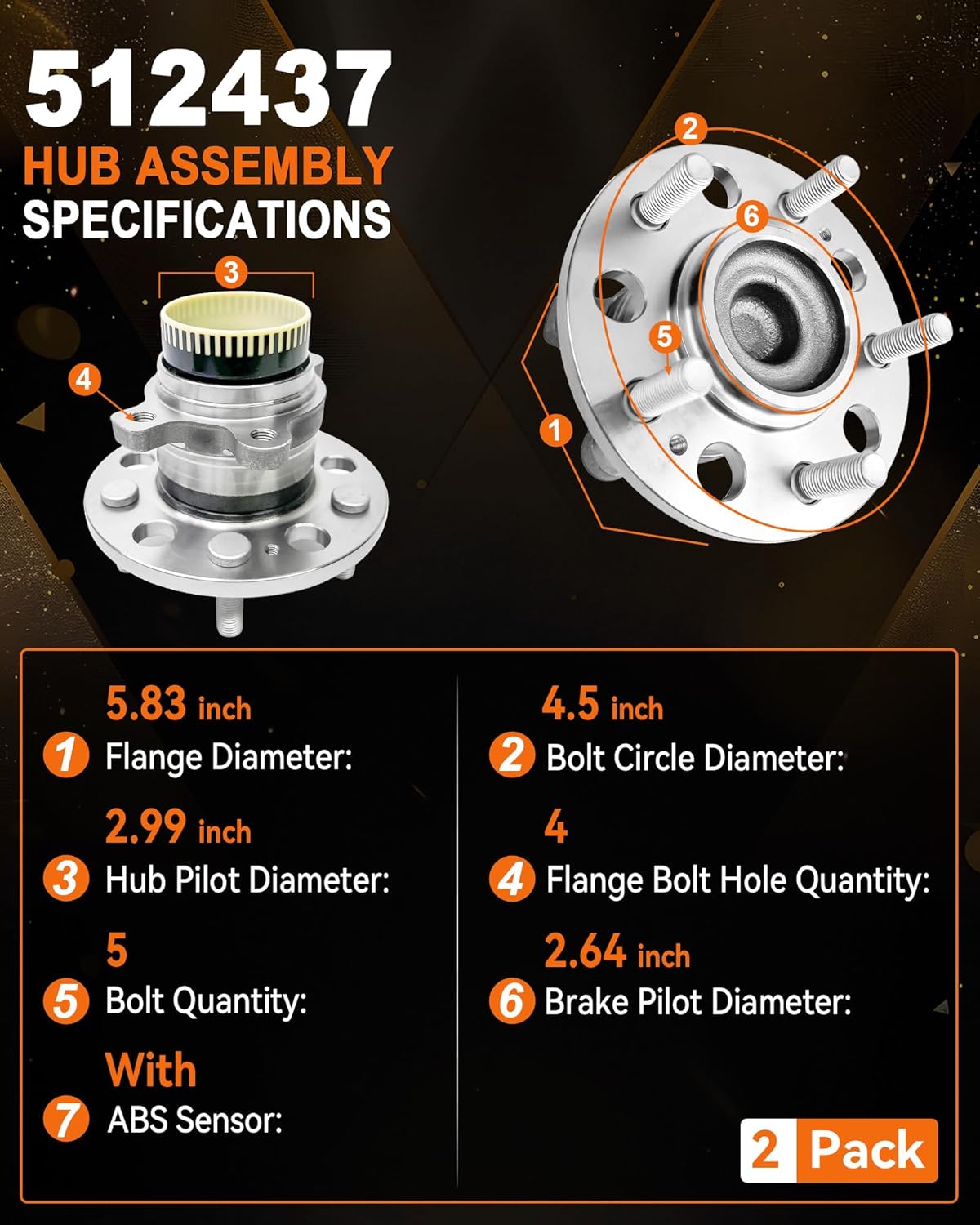 2Pcs 512437 Rear Wheel Bearing Hub Assembly Fit for Kia Optima 11-15, Cadenza 14-16, Sportage 11-16, Rondo 08-12, for Hyundai Azera 11-17, Sonata 10-14, Tucson 10-15, 5 Lugs w/ABS