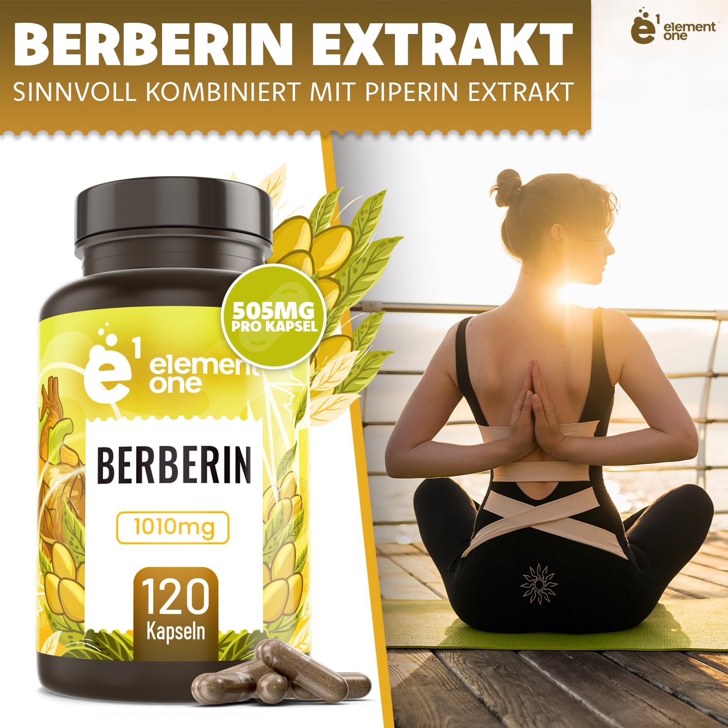 Element One Berberine HCL 500mg + 5mg Piperin, 120 Kapseln Berberin Extrakt - Optimale Bioverfügbarkeit - Berberin-Komplex